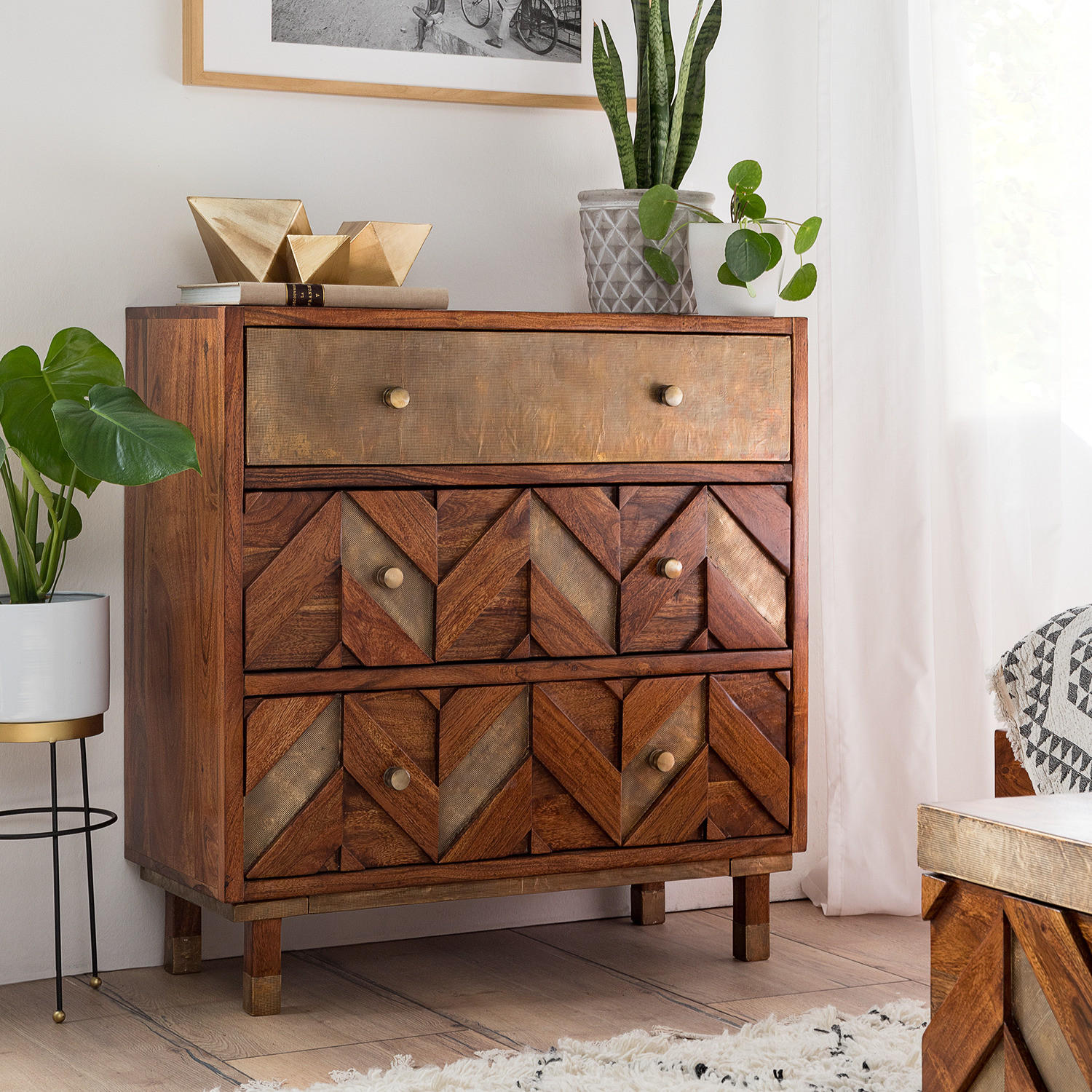 KOMMODE - Akazie massiv / Metall - Akaziefarben, Holz (90/90/40cm) - home24