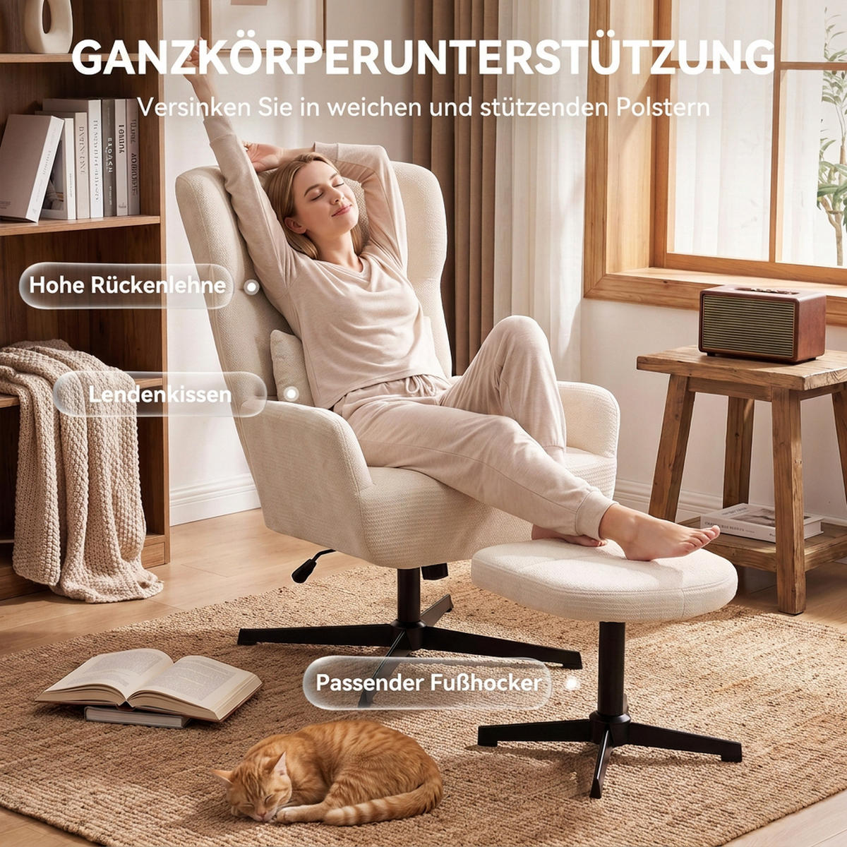 RELAXSESSEL-MIT-HOCKER 2er Set Polyester Cremeweiß - Creme/Schwarz, Textil/Metall (88/104/71cm) - HOMCOM