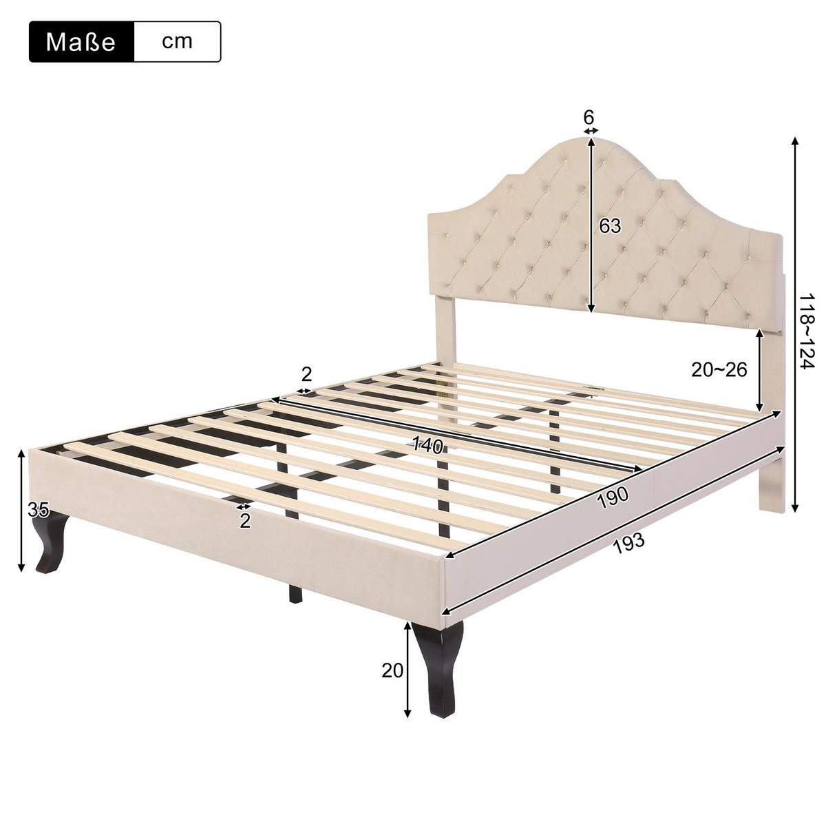 POLSTERBETT 140/190 cm mit höhenverstellbarem Kopfteil, Lattenrost und Samtbezug, Off-White - Weiß, Textil (140/190cm) - Redom