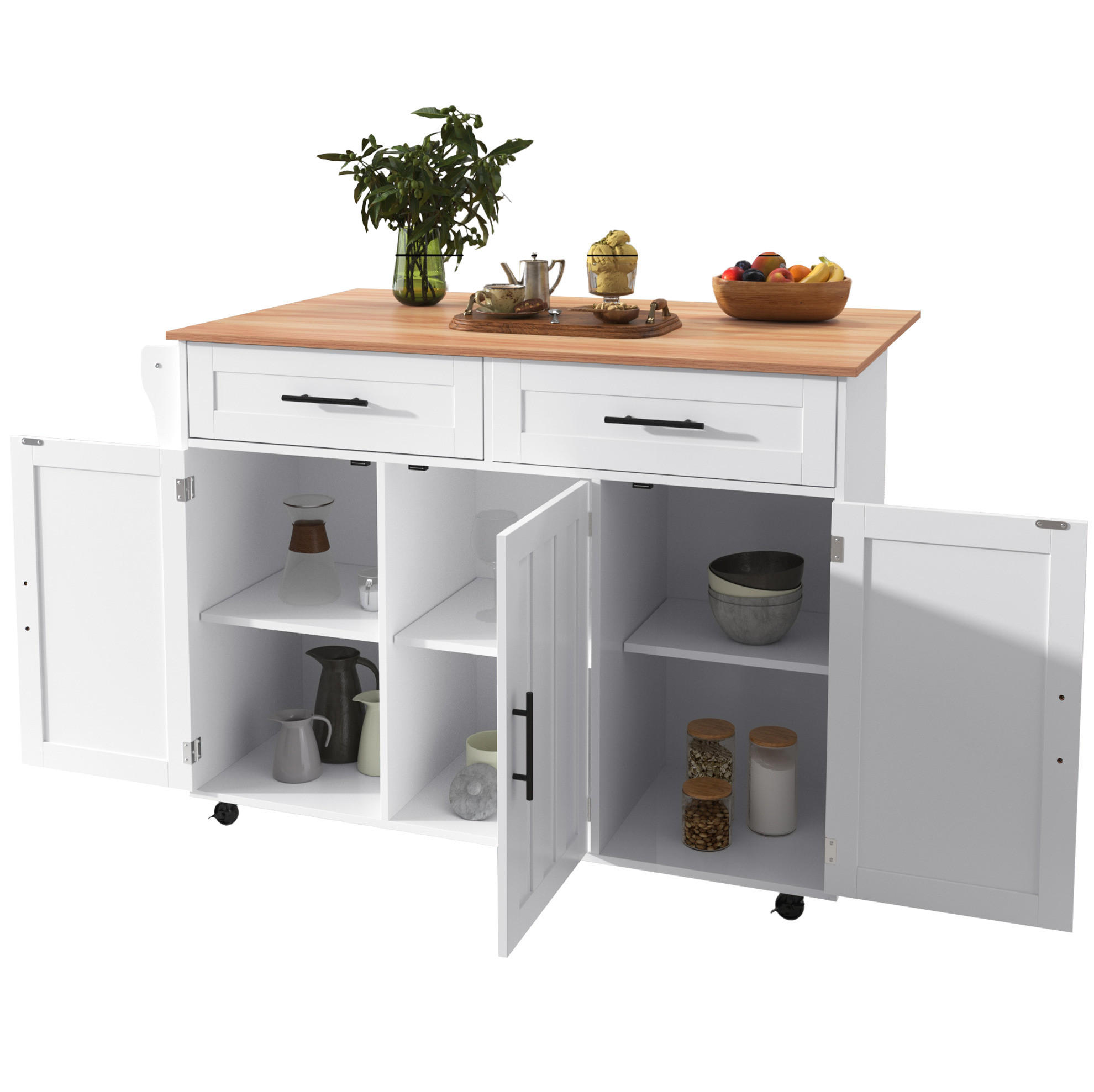 Redom KUCHYŇSKÝ ostrůvek 129/71/91,5 cm s výklopnou deskou, úložnými skřínkami, zásuvkami a kolečky, Bílá/Přírodní