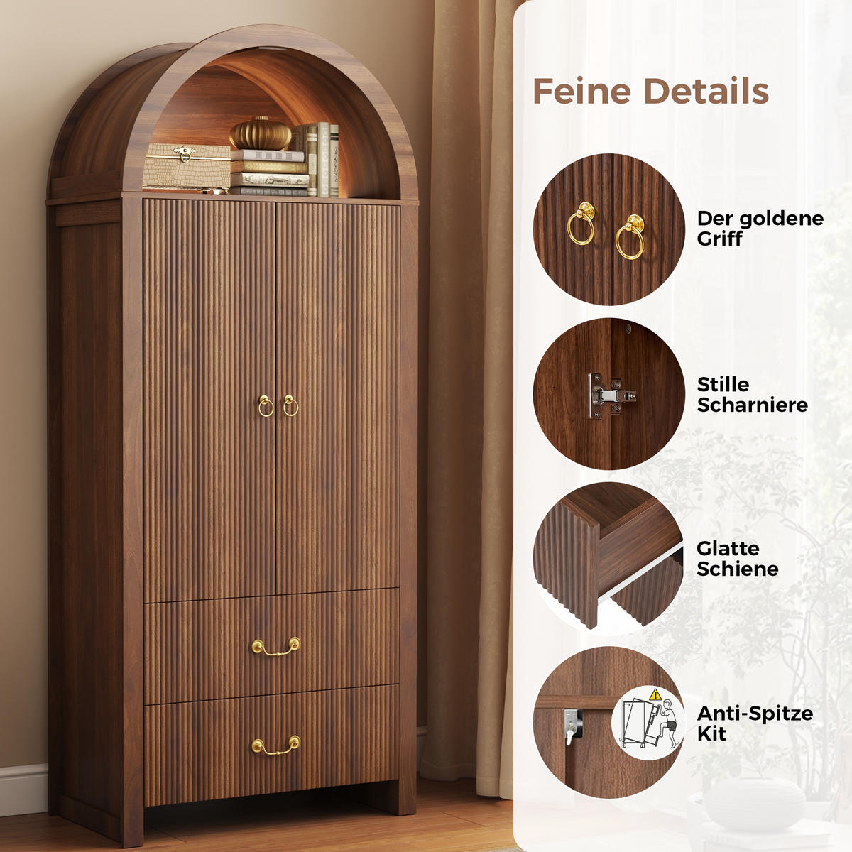 HOCHSCHRANK Nussbaum Bogen-Design mit APP-LED, 2 Türen & 2 Schubladen - Walnussfarben, Holzwerkstoff (76/180/38cm) - Urban Meuble