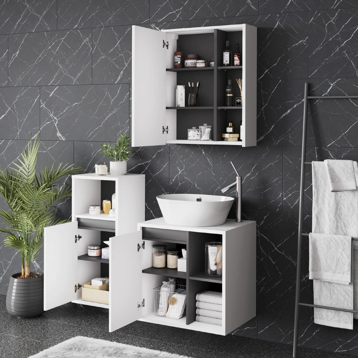 SADA KOUPELNOVÉHO NÁBYTKU Viola Bílá/šedá - bílá/šedá, kompozitní dřevo (60/60/45.5cm) - Vicco