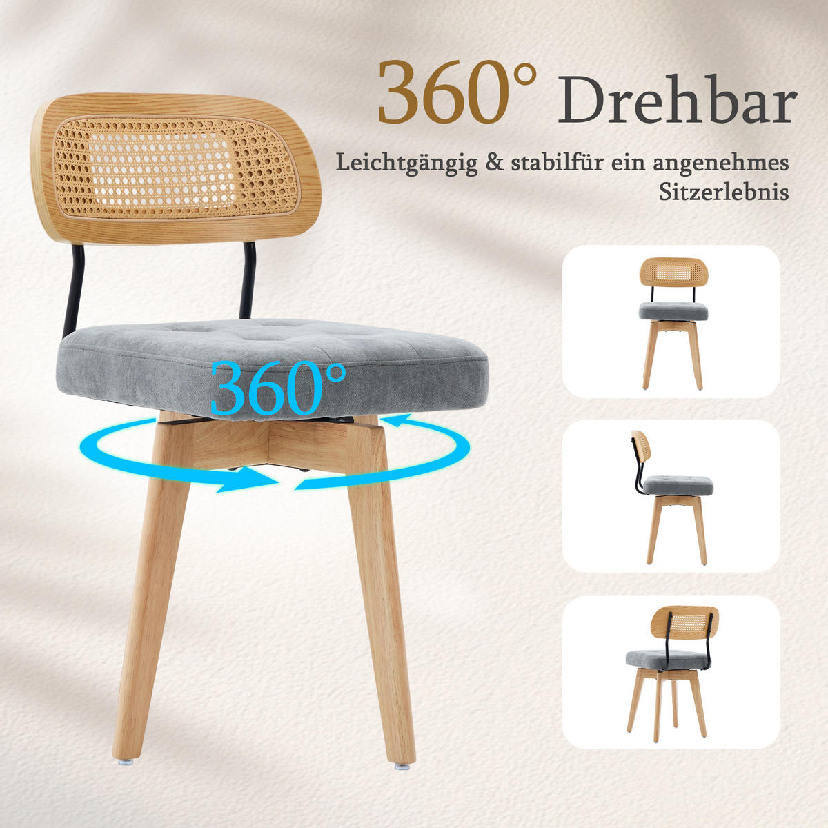 ESSZIMMERSTUHL 2er Set 360° drehbar, Wiener Geflecht, Chenille, Massivholz, Grau - Eichefarben/Grau, Holz/Textil (43/77/50cm) - LVHOM