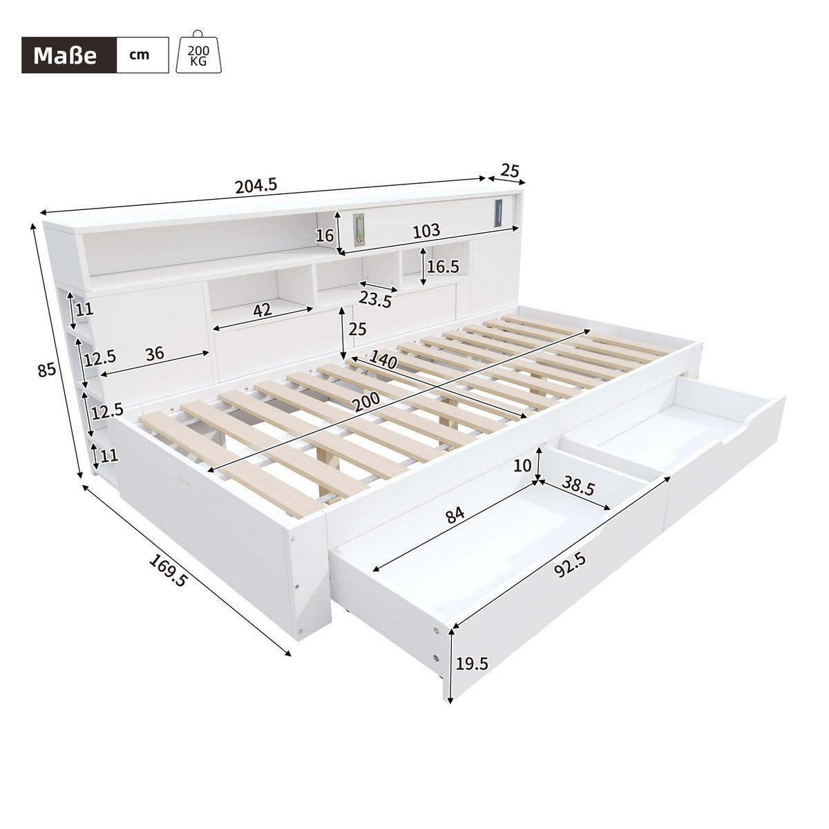 MULTIFUNKTIONSBETT 140/200 cm weiß aus MDF mit Schubladen und Regalen - Weiß, Holzwerkstoff (140/200cm) - OKWISH