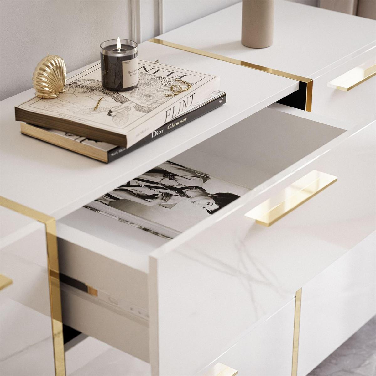 SIDEBOARDS MIT SCHUBLADEN ONYX AUF GOLDENEN BEINEN HOCHGLANZ 158 CM - Weiß, Holzwerkstoff (158/88/41.3cm) - Lookway