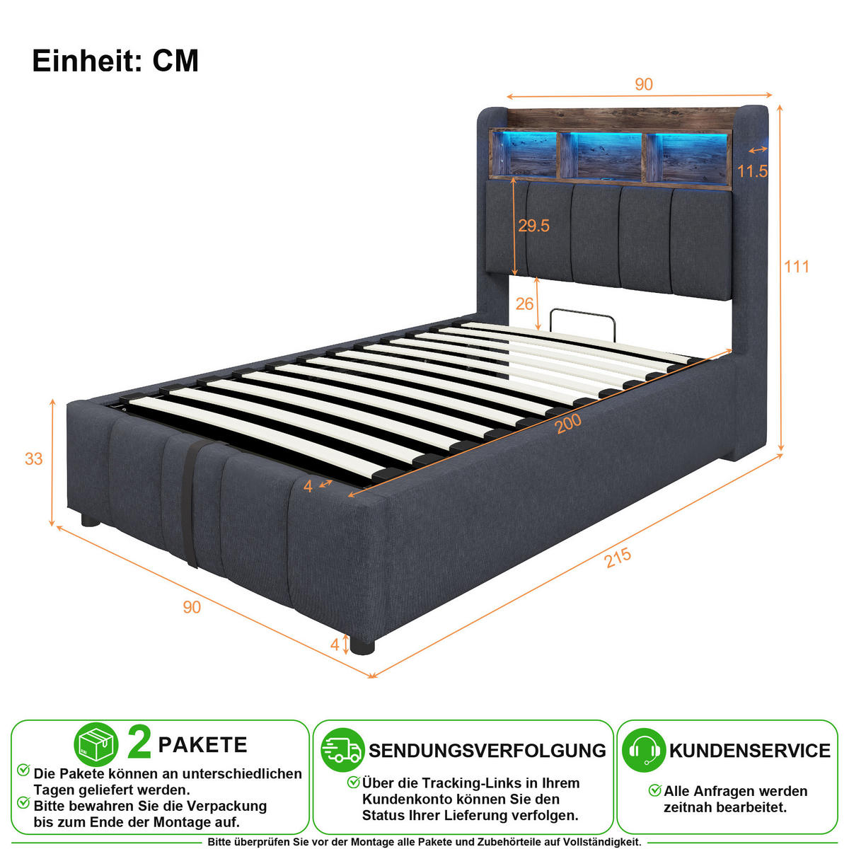 ČALOUNĚNÁ POSTEL 90/200 cm v šedé lněné látce s úložným prostorem, LED a USB - šedá, kov/kompozitní dřevo (90/200cm) - CHICFURN