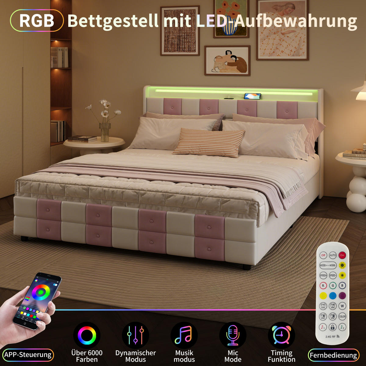POLSTERBETT 140x200 cm Weiß Rosa Samt LED USB 4 Schubladen - Weiß, Holz (140/200cm) - SHOPENTRA
