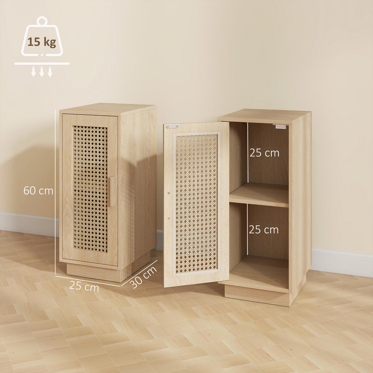 NACHTSCHRANK DE-12977 verstellbares Regal und geflochtene Tür Naturholz - Naturfarben, Holzwerkstoff (25/60/30cm) - ComfortXL