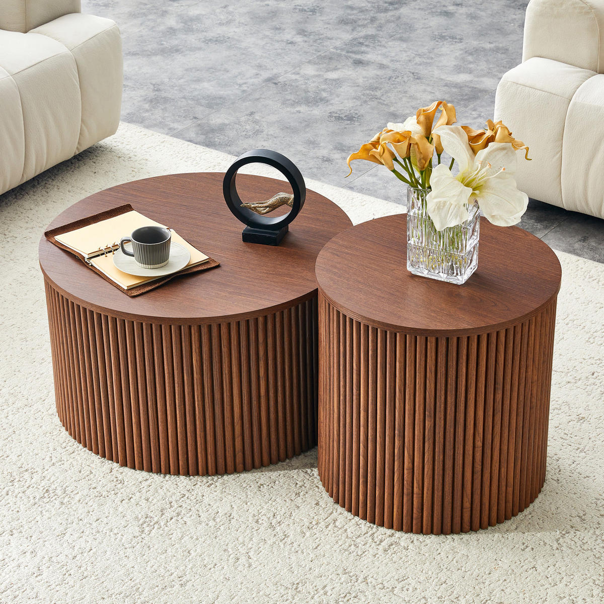 COUCHTISCH-SET 2-teilig in Walnussoptik mit Stauraum und Säulendesign,65/65/40 cm - Walnussfarben, Holzwerkstoff (65/65/40cm) - BEAOK