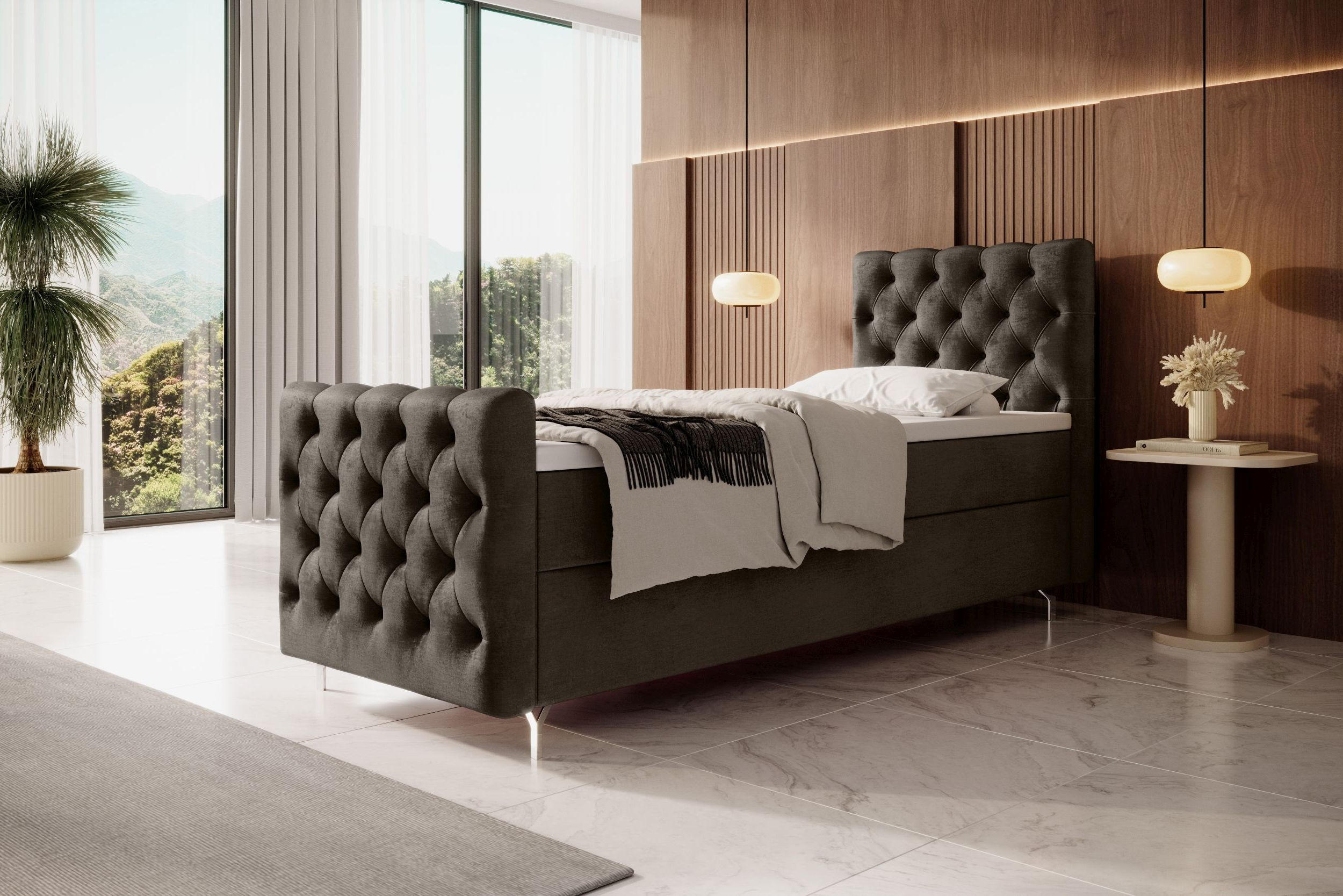 BOXBETT CHESTER PLUS mit Matratze H3, Bonell und Topper 80x200 Monolith 15 Links - Braun, Textil (80/200cm) - Bedante