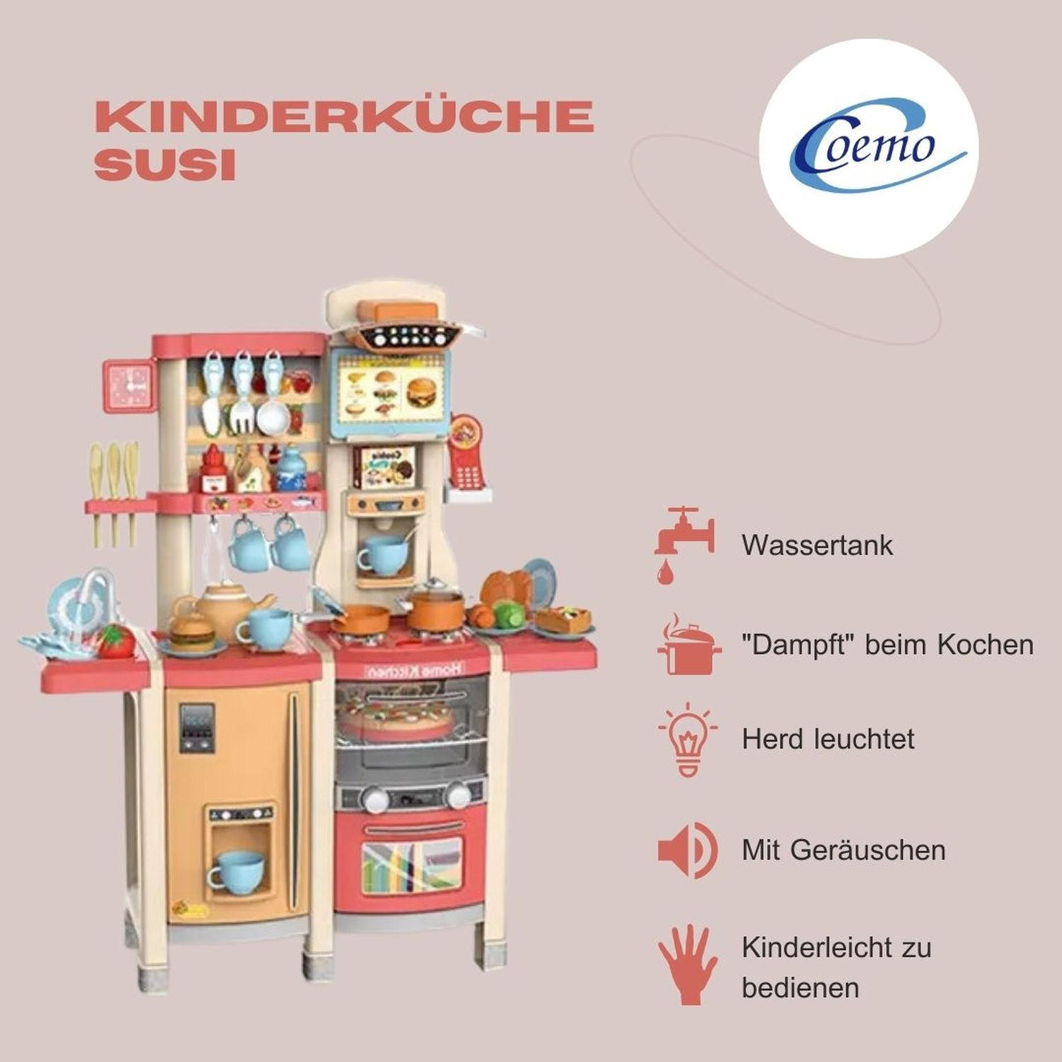 KINDERKÜCHE SUSI mit 65-tlg. Zubehör, Farbe Rot - Rot, Kunststoff (30/80cm) - Coemo