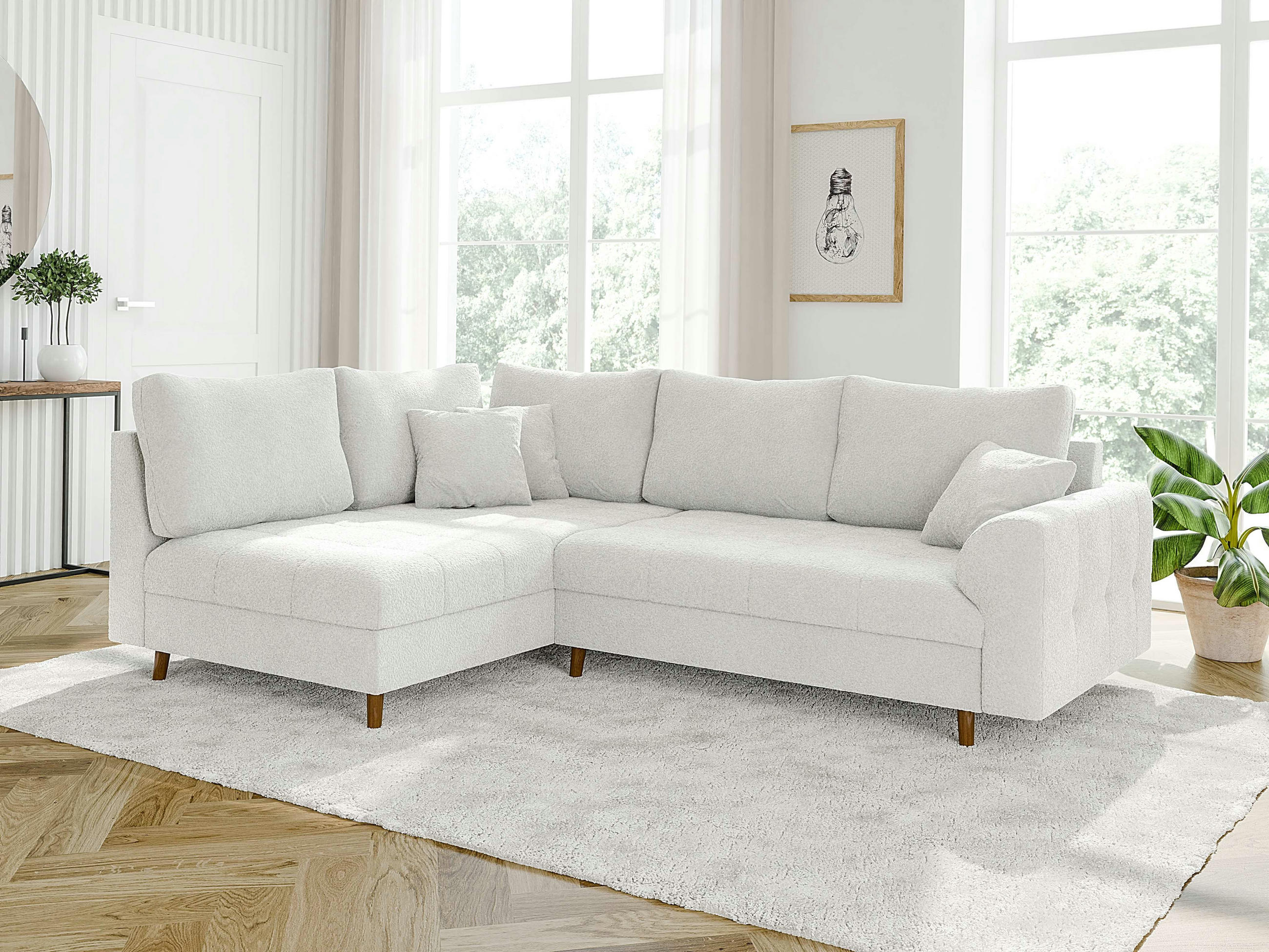 ECKSOFA Henrik Weiß Boucle - Ottomane links - Weiß/Braun, Holz/Textil (231/161cm) - S-Style Möbel
