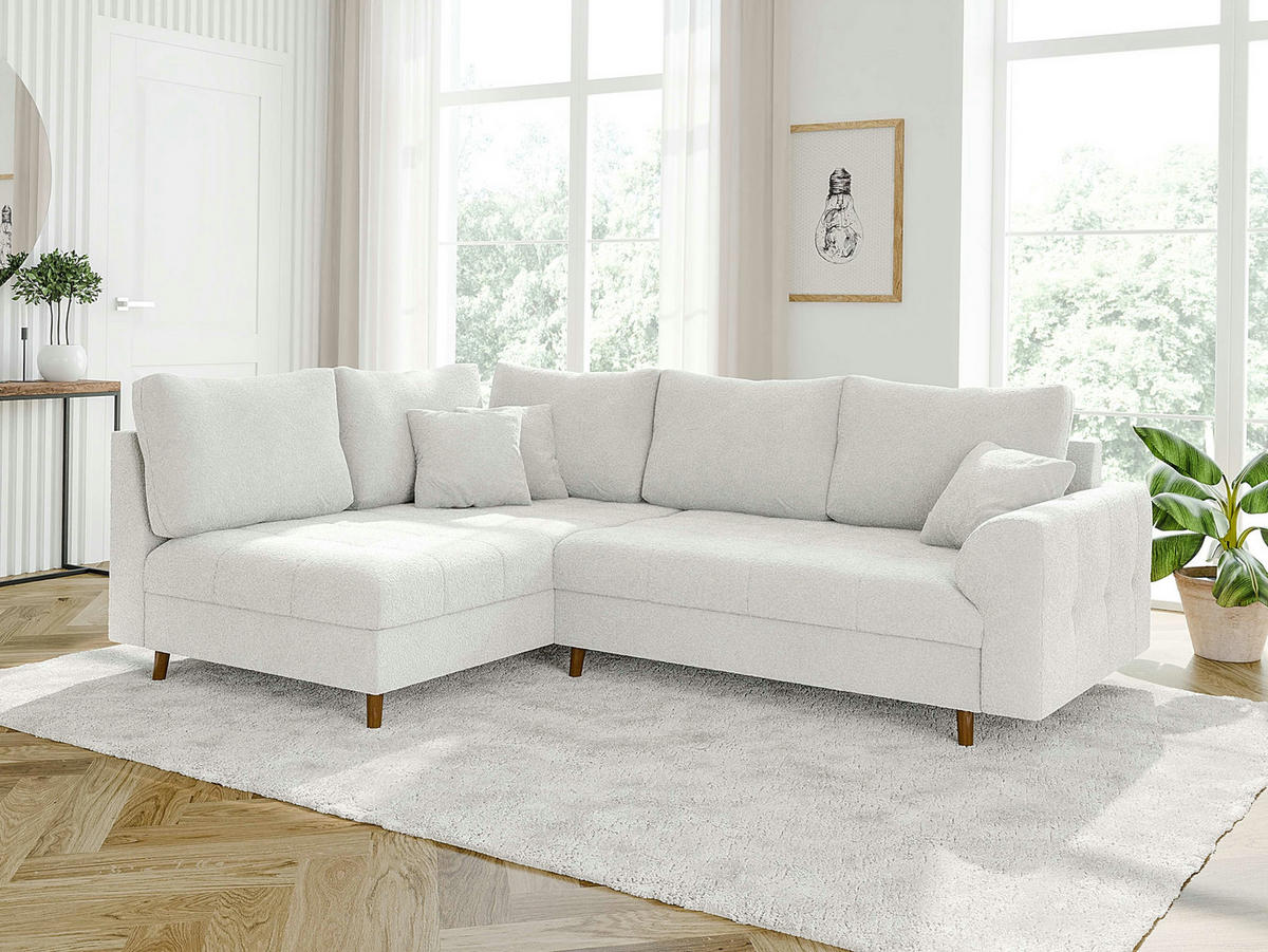ECKSOFA Henrik Weiß Boucle - Ottomane links - Weiß/Braun, Holz/Textil (231/161cm) - S-Style Möbel
