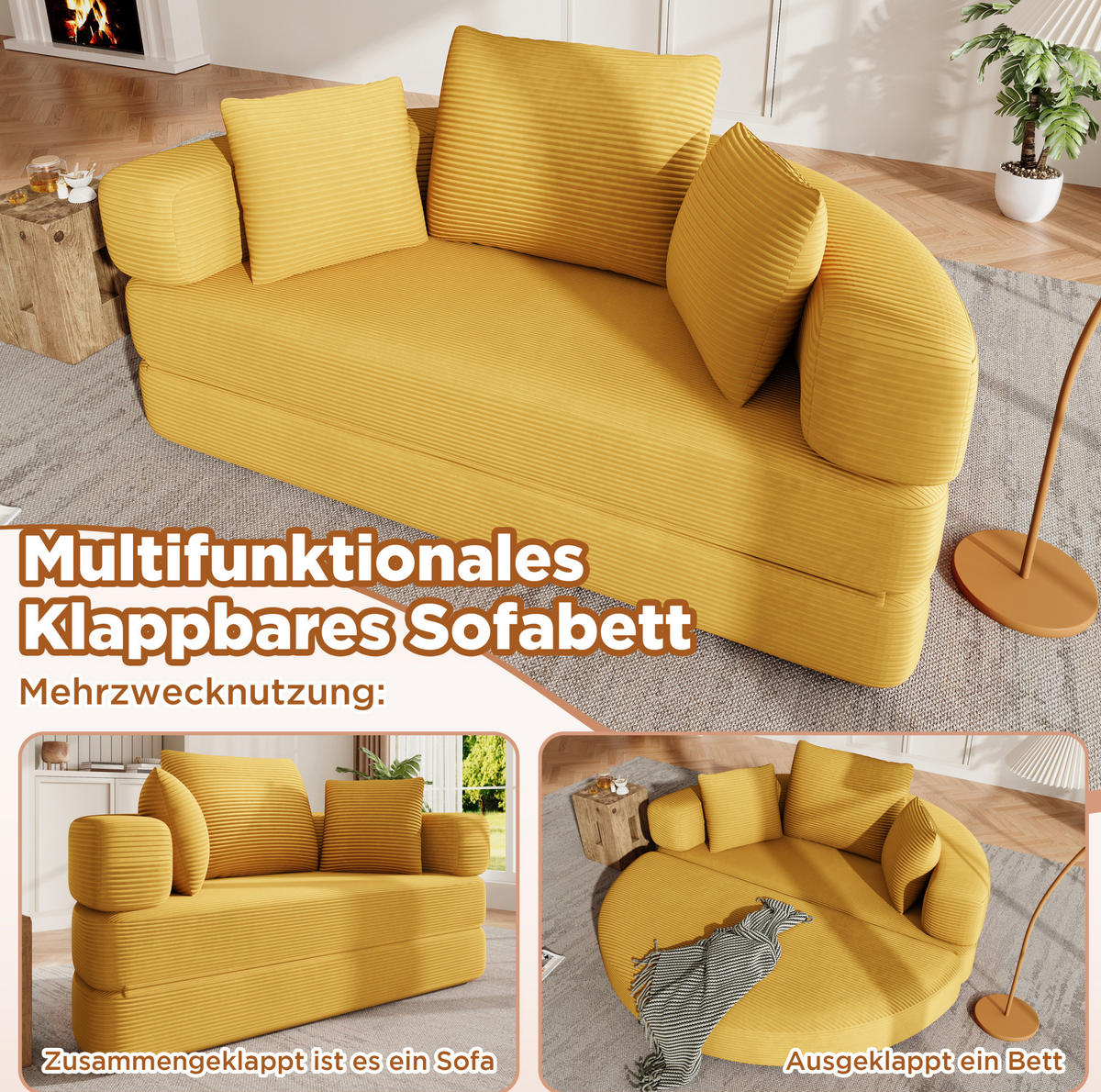 SCHLAFSOFA 173/176/40 cm aus Schaumstoff mit 2-in-1-Funktion Gelb - Gelb, Kunststoff (176/40/173cm) - Modenvie