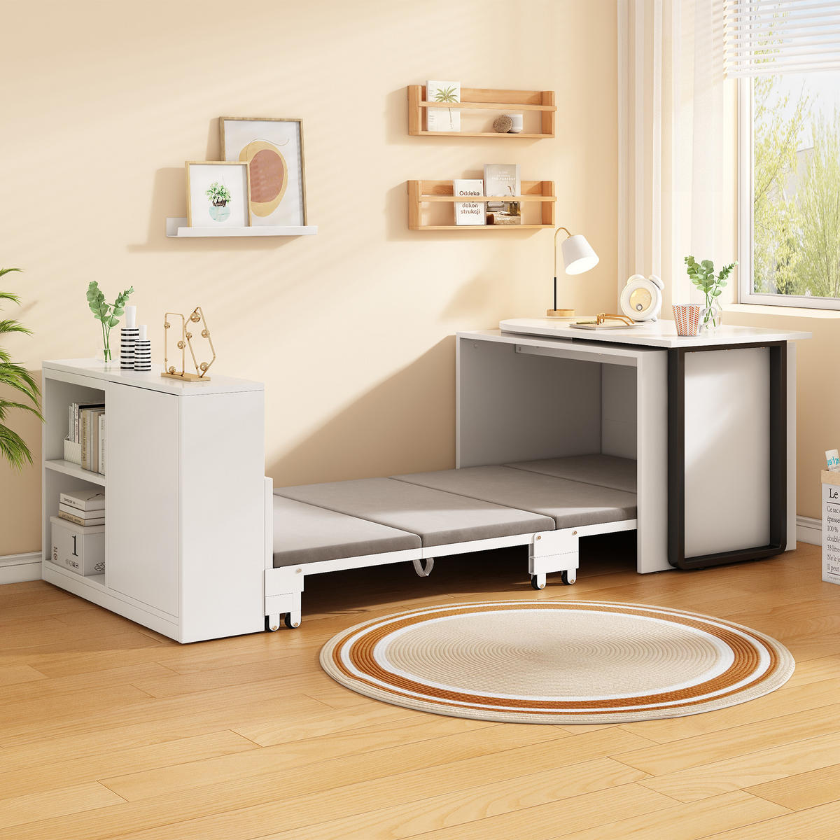 KLAPPBETT mit Schreibtisch 216 x 116 cm Metall/Holzwerkstoff Weiß - Weiß, Metall (116/216cm) - Beauniv