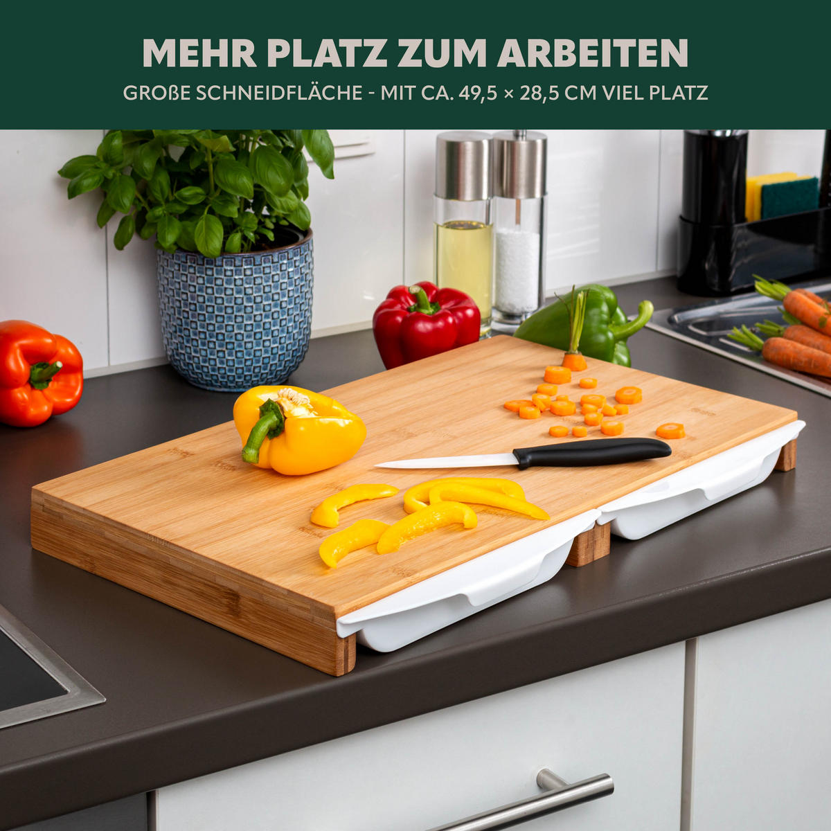 SCHNEIDEBRETT, mit 2 Auffangschalen, Bambus - Braun, Holz (49.5/28.5cm) - bremermann