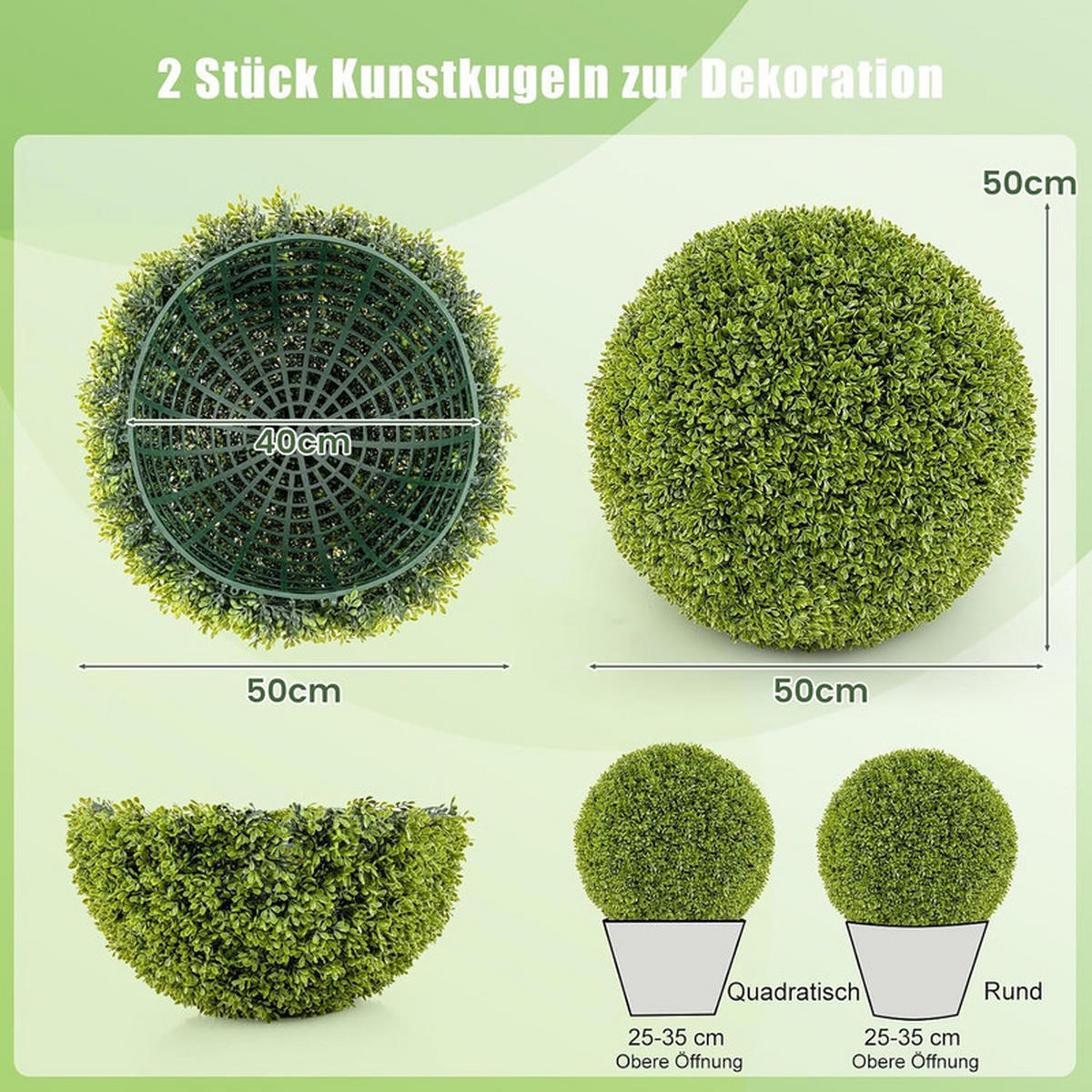 BUCHSBAUMKUGEL UV-beständig grün(2er-Set) - Grün, Kunststoff (50cm) - COSTWAY