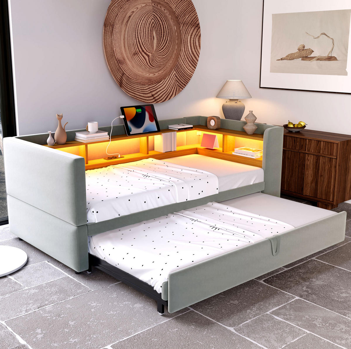 POLSTERBETT 90/180 cm hellgrau aus Flanell mit LED-Beleuchtung und Steckdosen - Hellgrau, Textil (90/190cm) - OKMYHOME