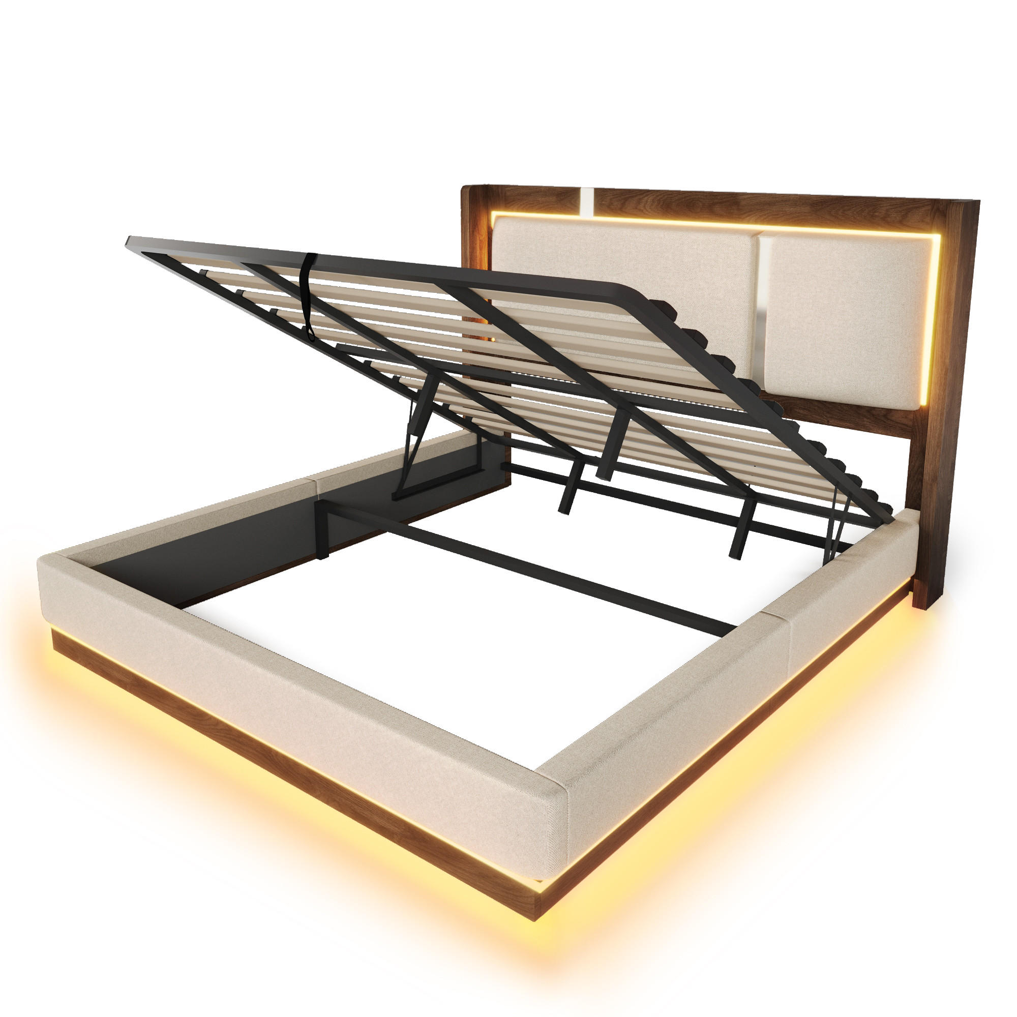 POLSTERBETT 180/200 cm Weiß mit LED und Bettkasten, ohne Matratze - Beige, Textil (180/200cm) - Oxeza