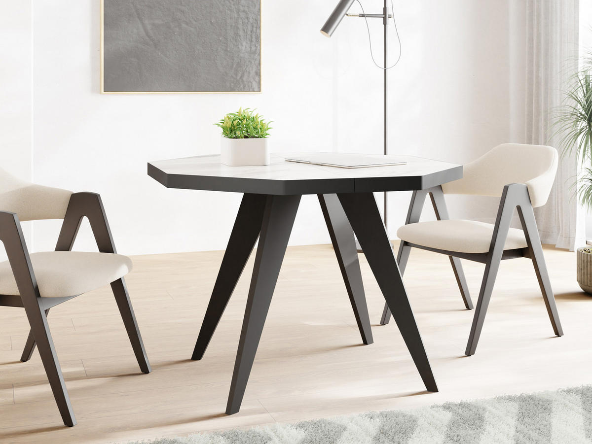 ESSTISCH Diamond Black achteckiger ausziehbarer, Marmor Weiß 100-200/100/76 cm - Ecru/Schwarz, Holz/Holzwerkstoff (100/100/77cm) - WFL GROUP