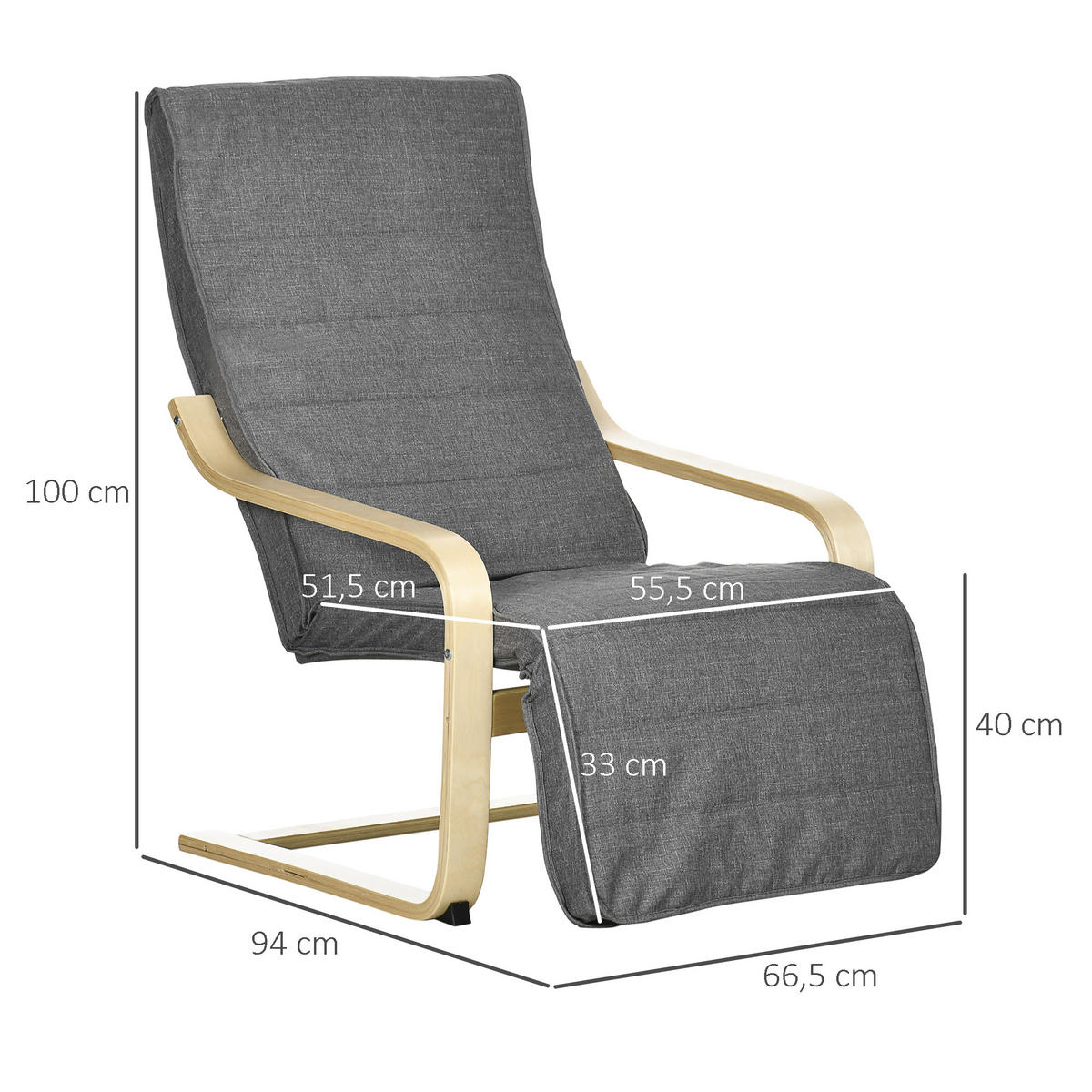 RELAXSESSEL Schwingstuhl, Ruhesessel, Relaxstuhl mit Verstellbarem Fußteil - Grau, Kunststoff (94/100/66.5cm) - HOMCOM