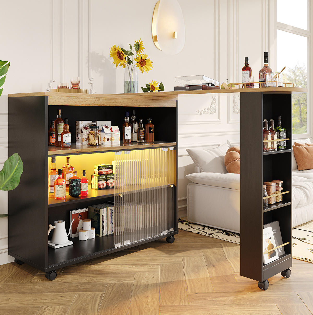 BAROVÝ stůl 138-204/39/105 cm černý z MDF s LED osvětlením a úložným prostorem - černá, kompozitní dřevo (39/204/105cm) - OKWISH
