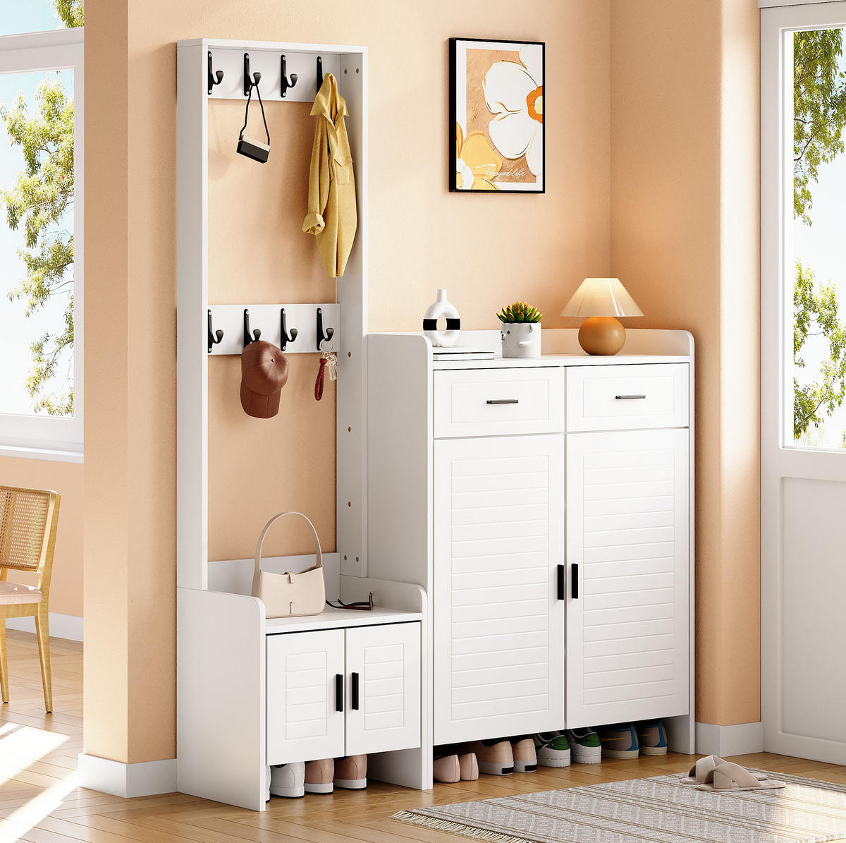 GARDEROBE 125/36/165 cm Weiß aus MDF mit 8 Haken und 10 Fächern - Weiß, Holzwerkstoff (32/165/125cm) - OKWISH