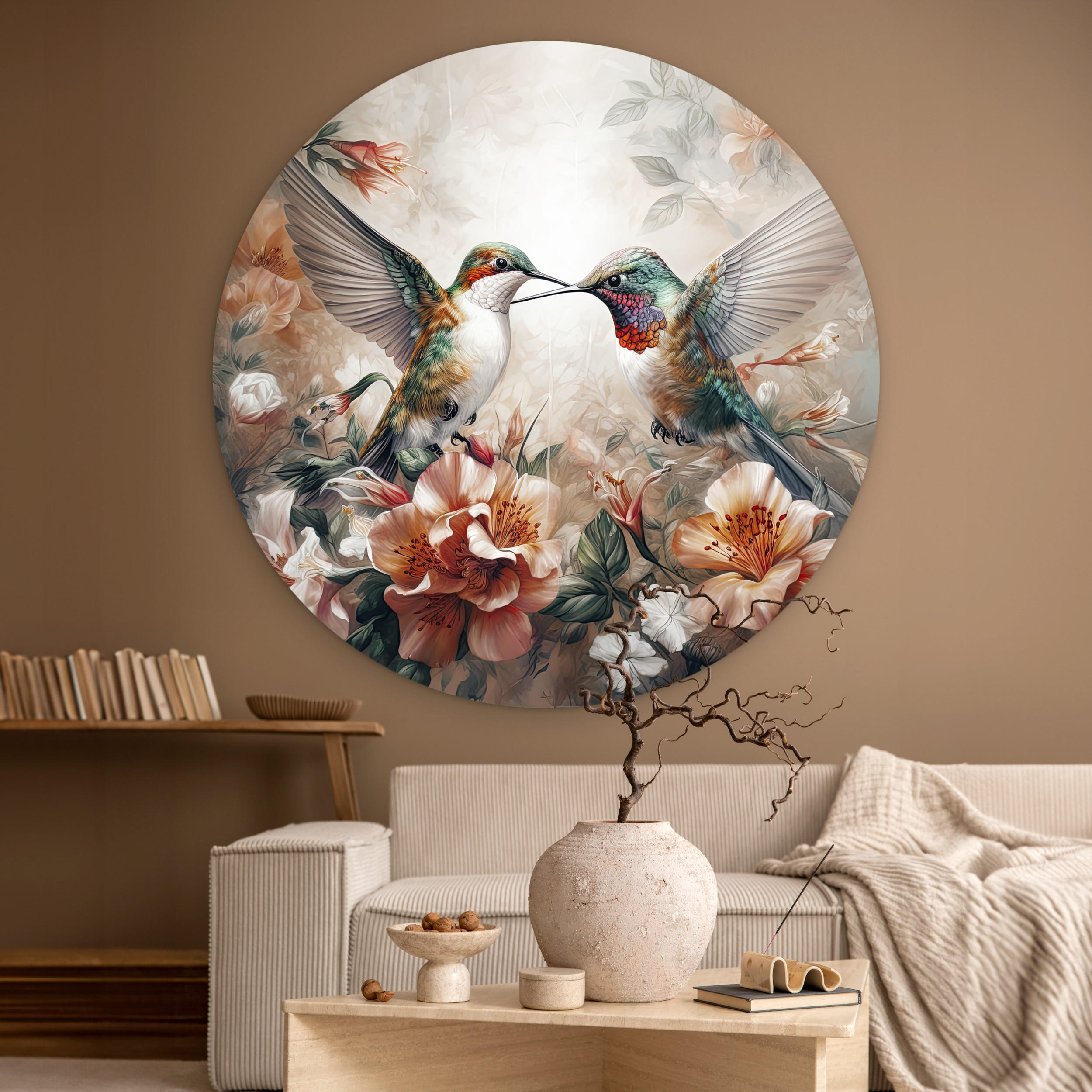 WANDBILD Kolibri - Vögel - Blumen - Natur 120x120 cm - Altrosa, Kunststoff (120/120cm) - MuchoWow