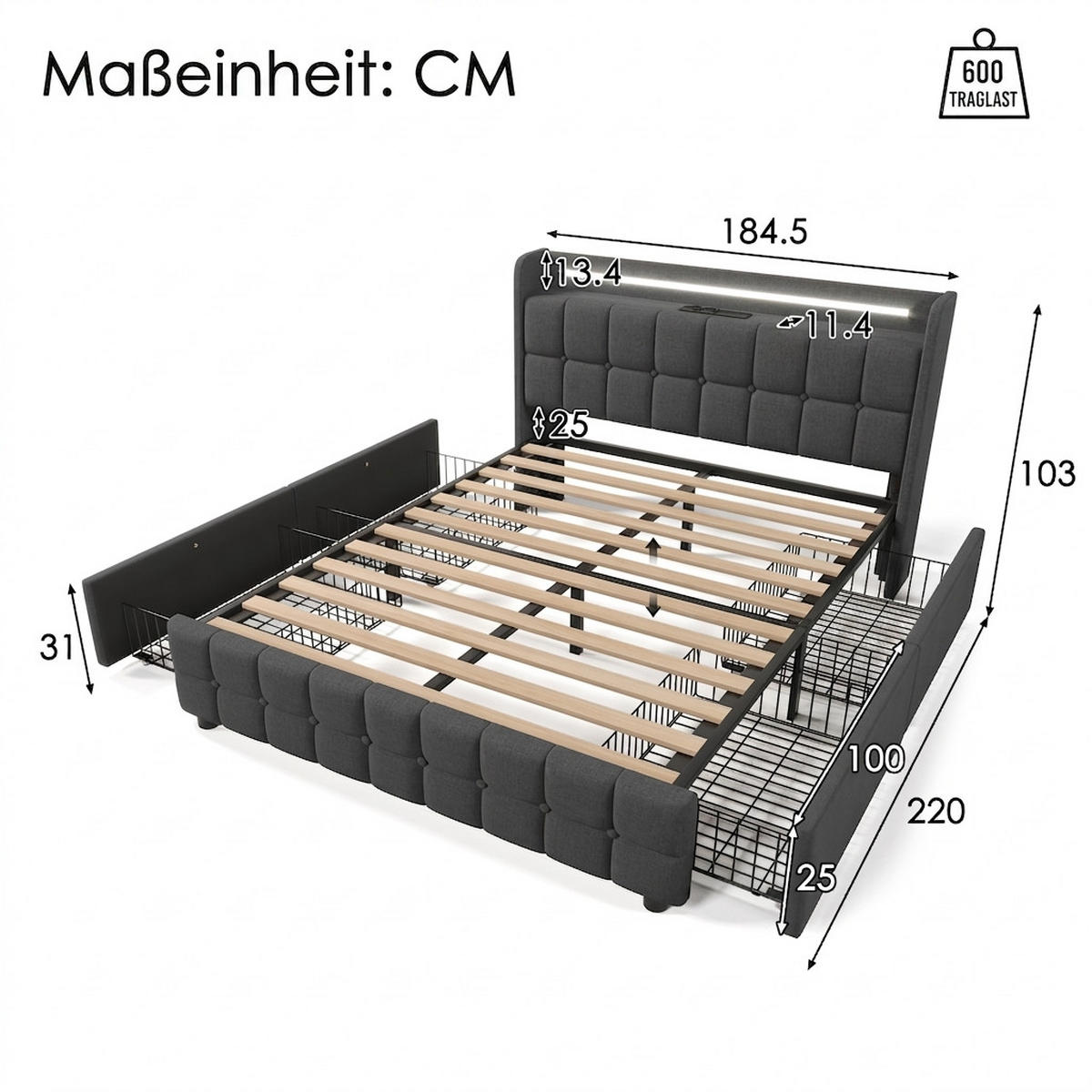 POLSTERBETT 180/200 cm Grau mit LED-Beleuchtung und 2 Schubladen, Ohne Matratze - Grau, Holz/Textil (180/200cm) - Oxeza