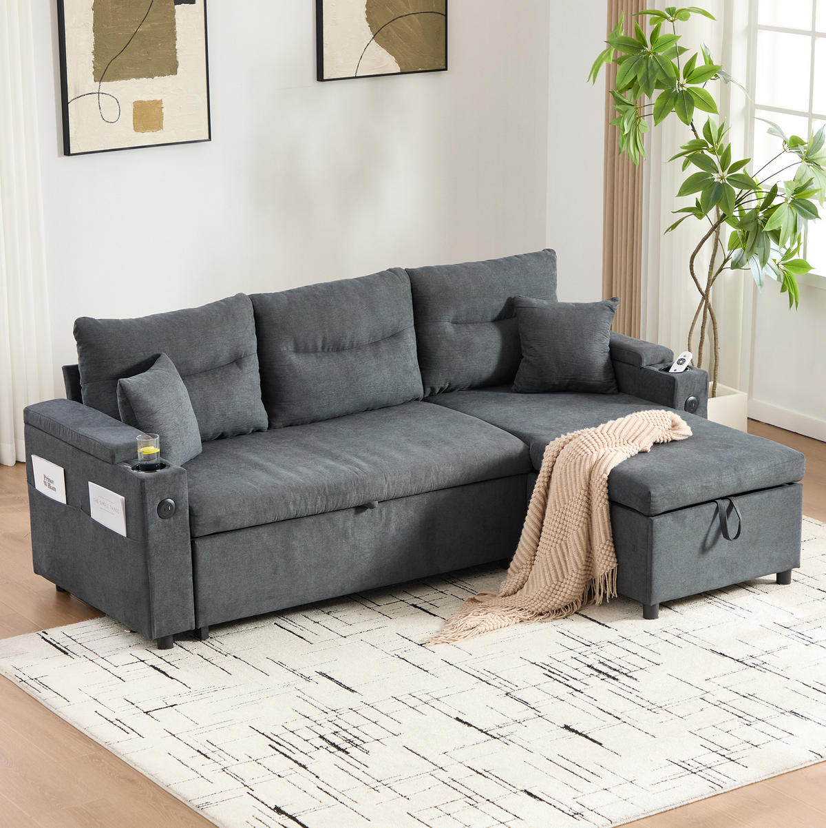 ECKSCHLAFSOFA 3-Sitzer Leinen mit USB-Anschluss und Stauraum Dunkelgrau 212,5/136/86 cm - Dunkelgrau, Textil (136/212.5cm) - Redom