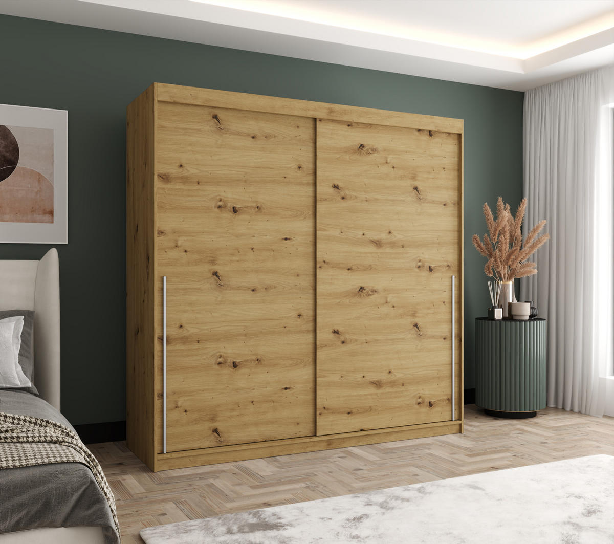 SCHIEBETÜRENSCHRANK 200 cm Breite Artisan mit silbernem Griff - Silberfarben/Eiche Artisan, Holzwerkstoff (200/200/62cm) - Home Collective