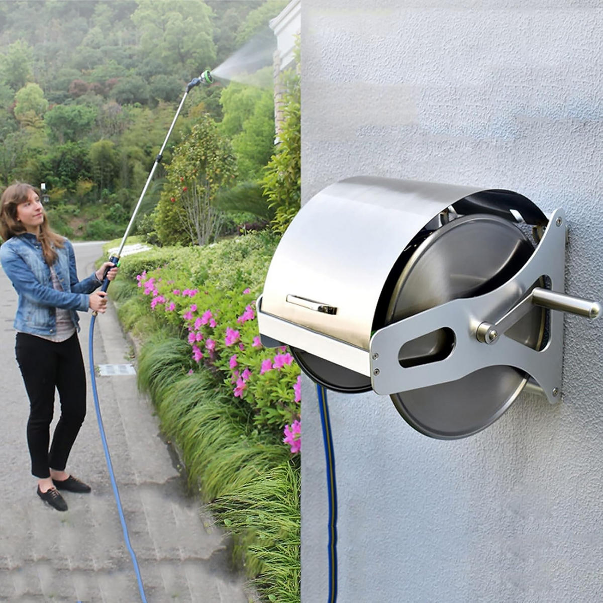 SCHLAUCHTROMMEL - Silberfarben, Metall (40/31/36cm) - Relaxdays