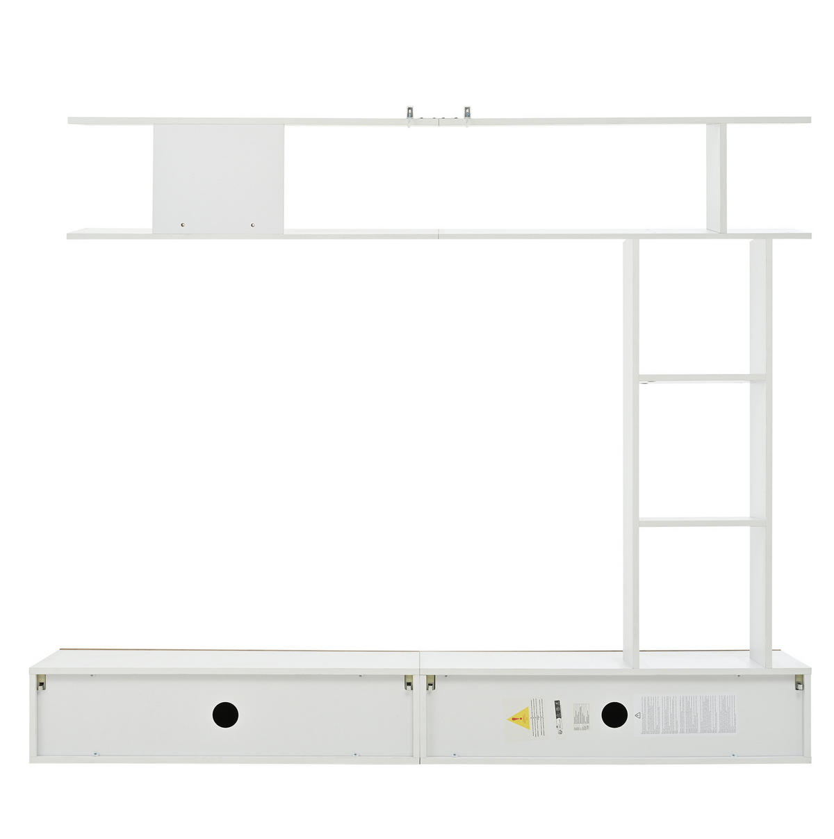 TV-WOHNWAND aus Spanplatte 180x35x22,5 cm Weiß/Eichefarben mit Stand- und Hängefunktion, 2 Türen und offenen Regalen - Weiß, Holzwerkstoff (180/150/35cm) - Modfu