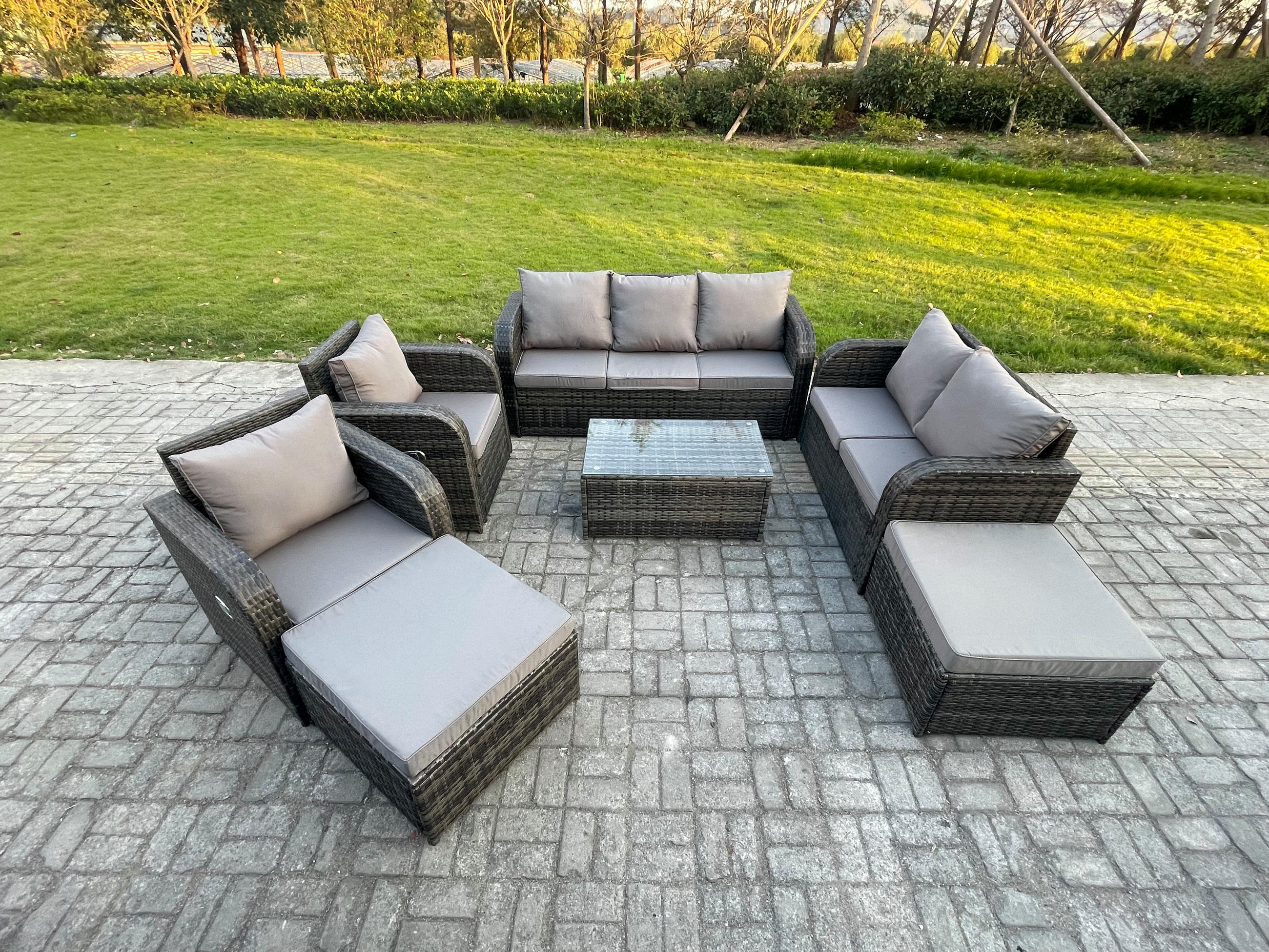 GARTENMÖBELGARNITUR mit KISSEN Polyrattan Dunkelgrau 9-Sitzer - Dunkelgrau/Grau, Glas/Kunststoff - Fimous