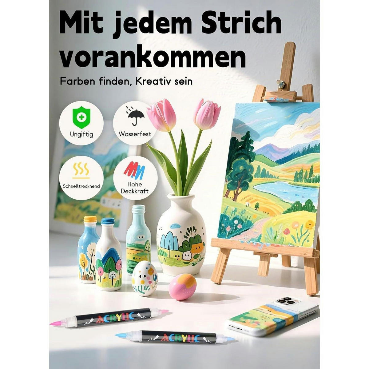 ACRYLSTIFTE Set 60 Stück mit App Doppelspitze 120 Farben - Multicolor, Kunststoff (1/1/14cm)