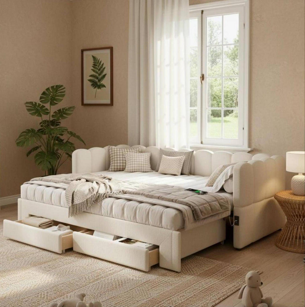 ROZKLÁDACÍ denní postel 90/200 cm béžová z lnu s USB a zásuvkami - bílá, textil (90/200cm) - OKWISH