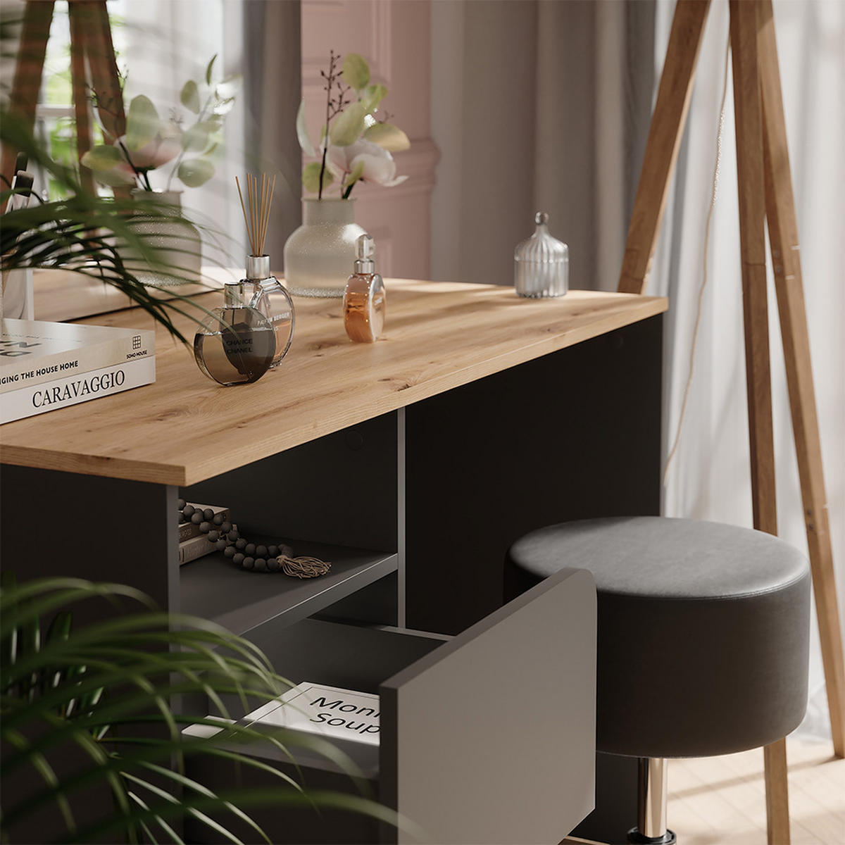 SCHMINKTISCH Karen Anthrazit/Artisan 110 cm mit Hocker - Anthrazit/Eiche Artisan, Holzwerkstoff (110/75/55cm) - Vicco