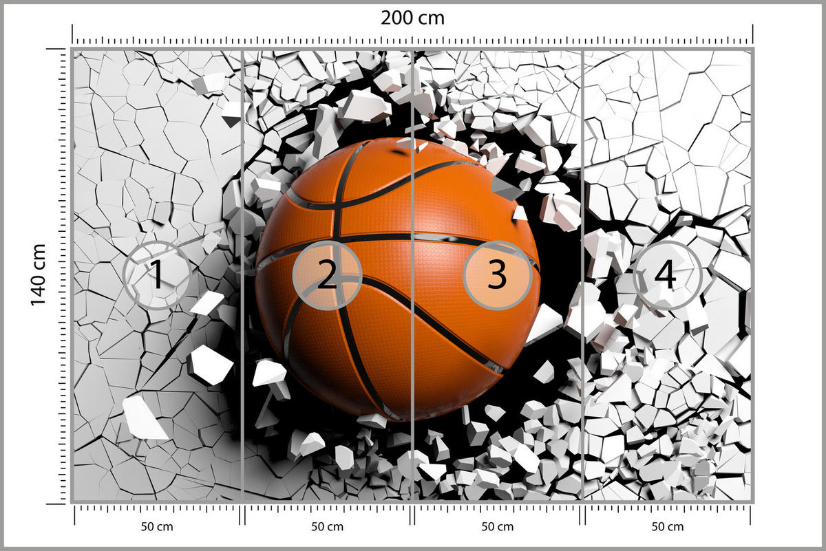 FOTOTAPETE für Jugendzimmer Basketball Wandbruch Sport 200x140 - Schwarz/Orange, Papier (200/140cm) - Muralo