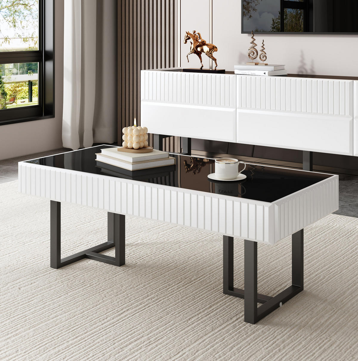 COUCHTISCH Hochglanz 110 x 50,5 x 41 cm Schwarz-Weiß - Schwarz, Metall (110/50.5/41cm) - Meubliv