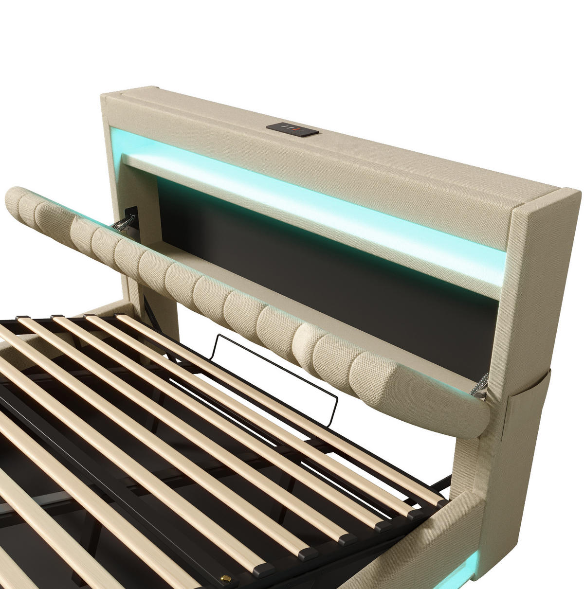 POLNJENA postelja iz lana, lesa in kovine 140x190 cm bež z LED osvetlitvijo, USB-C polnjenjem in hidravličnim prostorom - bež, tekstil (140/190cm) - Modfu