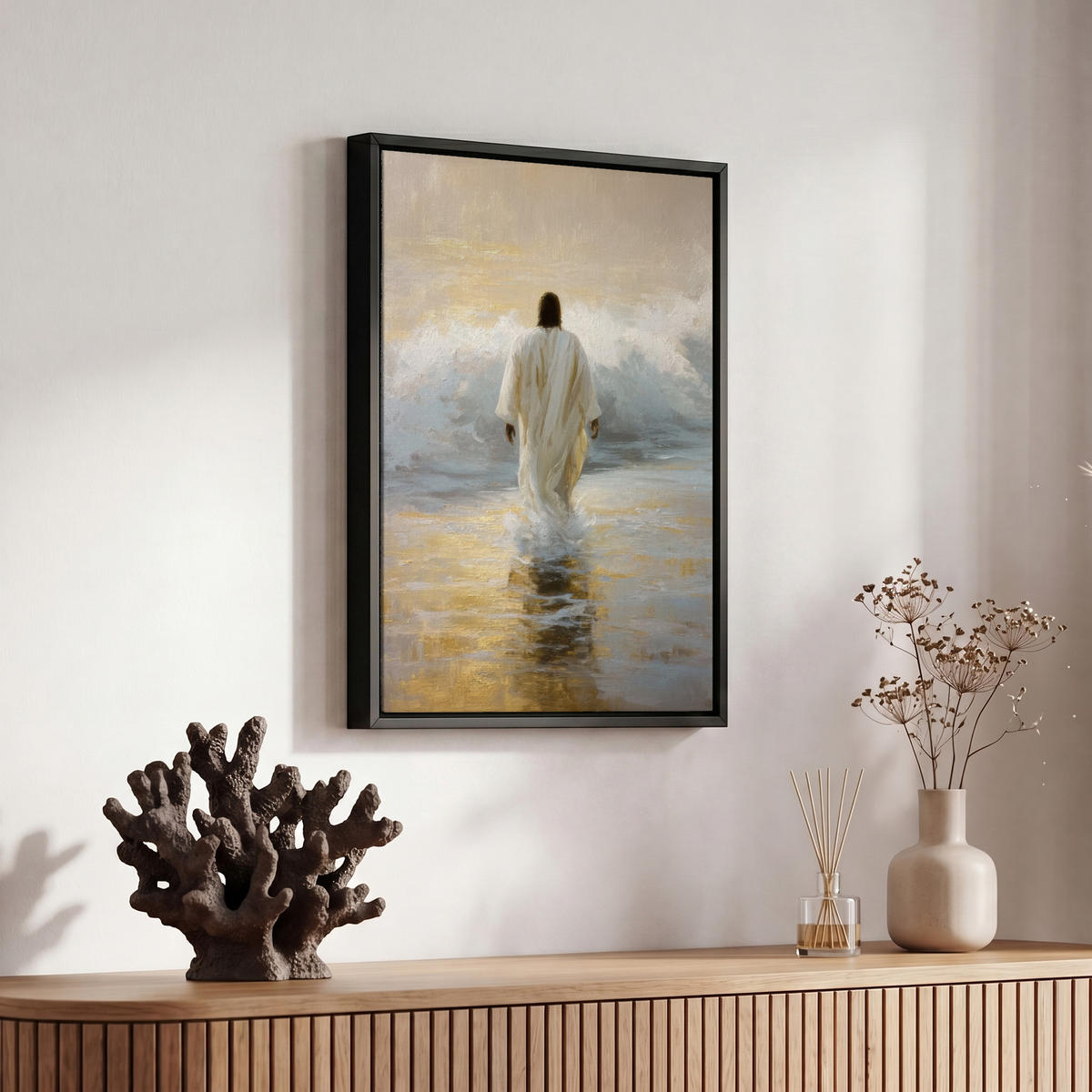 LEINWAND Bilder mit Rahmen - Gemälde - Welle - Jesus - Abstrakt - 20x30 - Goldfarben, Textil (20/30cm) - MuchoWow