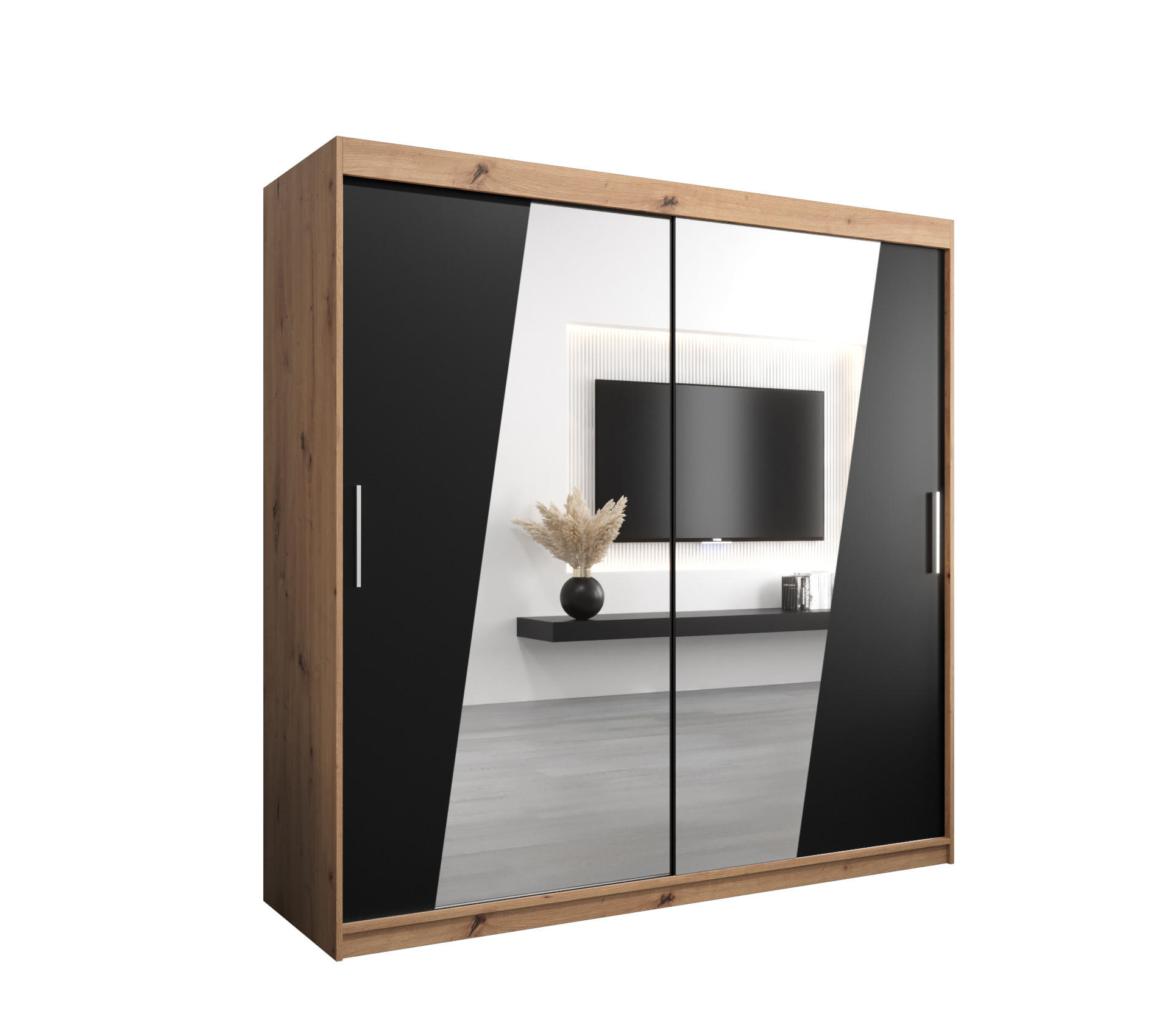 Abiks Möbel Schwebetürenschrank Eiche Artisan, Schwarz 200x200x62 cm