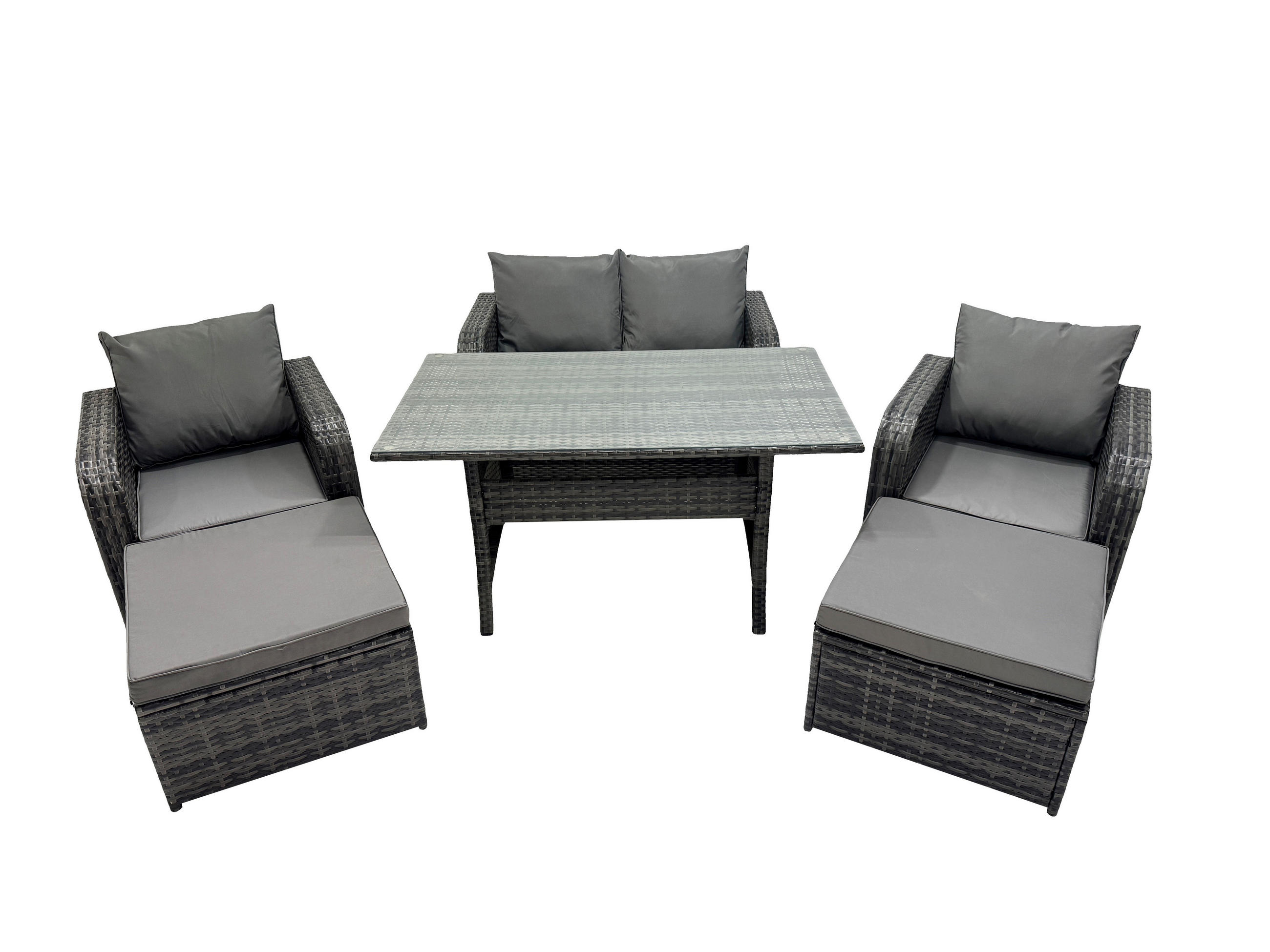 GARTENGARNITUR mit Zweisitzer,2 Hockern Polyrattan Dunkelgrau 6-Sitzer - Dunkelgrau/Grau, Glas/Kunststoff - Fimous