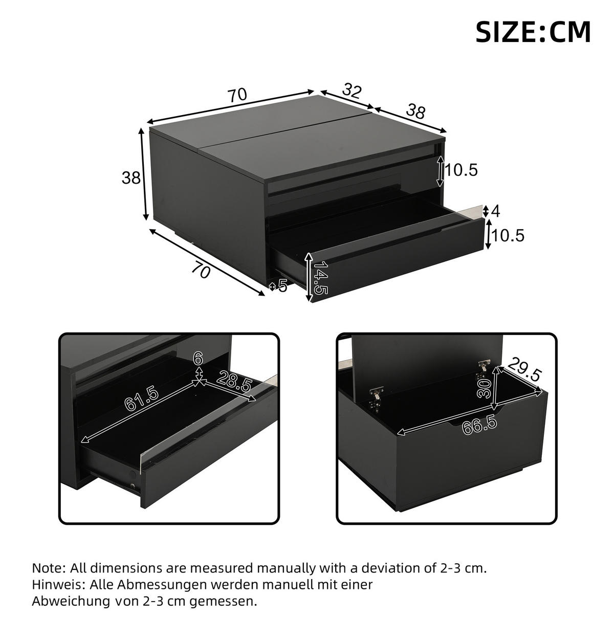 COUCHTISCH 70/70/38 cm schwarz aus Spanplatte mit LED-Lichtstreifen und Stauraum - Schwarz, Holzwerkstoff (70/70/38cm) - OKMYHOME