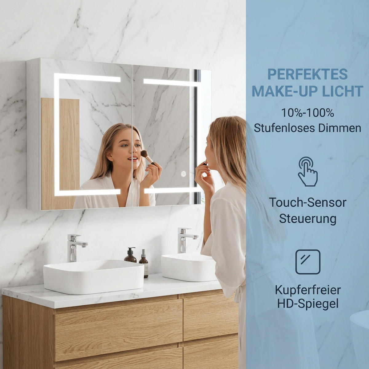 LED Spiegelschrank fürs Bad, Hängeschrank mit Spiegel - Weiß, Glas/Holz (60/80/13cm) - PARAFTA HOME