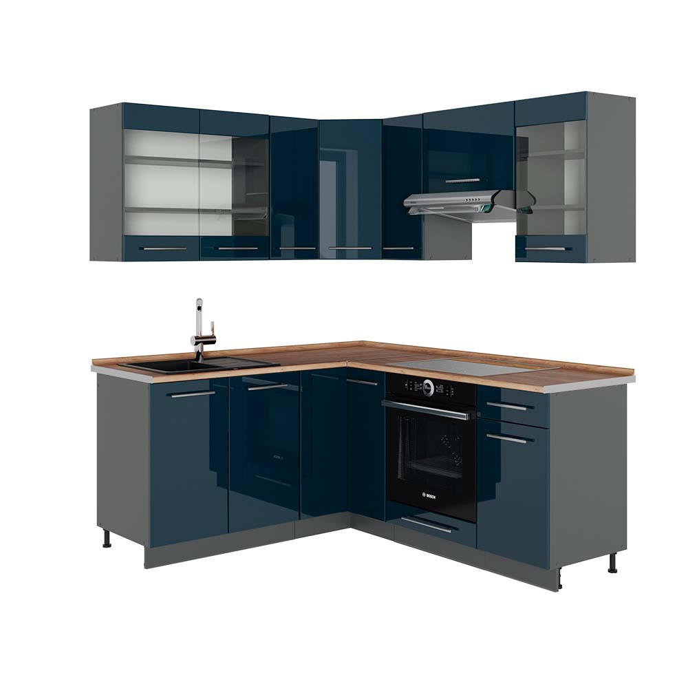 KÜCHENZEILE Fame-Line Dunkelblau Hochglanz/Anthrazit 160 x 190 cm AP Eiche - Anthrazit/Dunkelblau, Holzwerkstoff (190/81.6/60cm) - Vicco