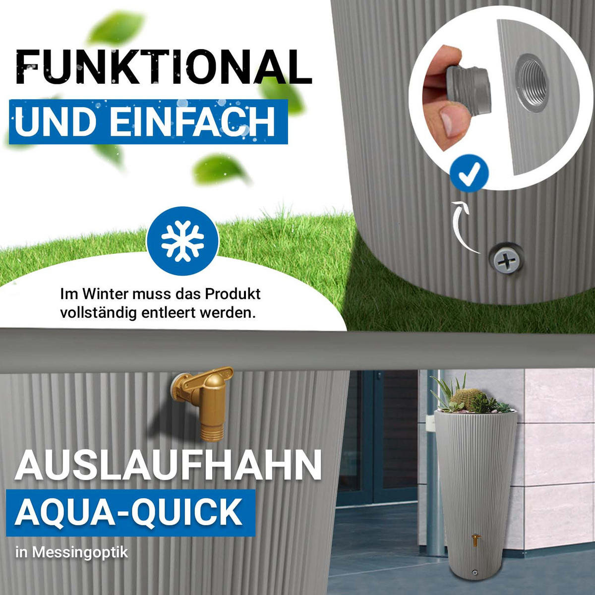 2IN1 Regentonnen Komplett-Set 220 L zinkgrau inkl. Kunststoff-Auslaufhahn und Fallrohranschluss - Hellgrau, Kunststoff (58/120/58cm) - 4rain