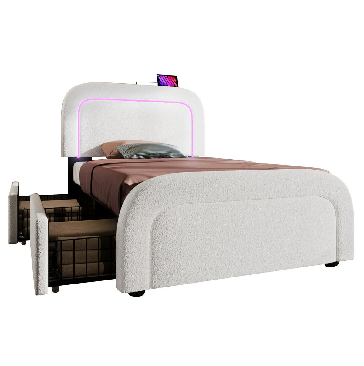 POLSTERBETT 90/200 cm aus Sherpa mit USB-C, LED-Beleuchtung, 2 Schubladen und Matratze, Weiß - Weiß, Textil (90/200cm) - Redom