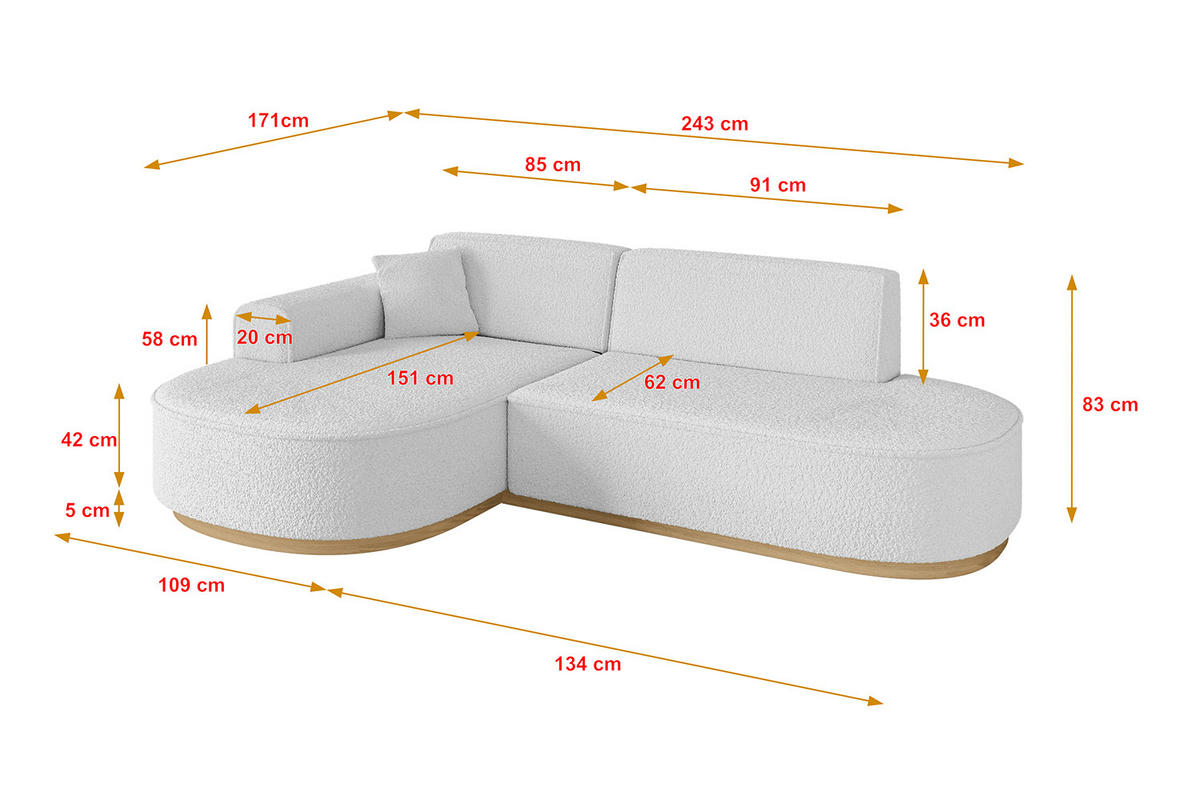 ECKSOFA Ottomane Links MARI-L1-v2 - 243x171x83 cm Weiß Bouclé - Weiß, Holzwerkstoff/Textil (243/171cm) - ALTDECOR