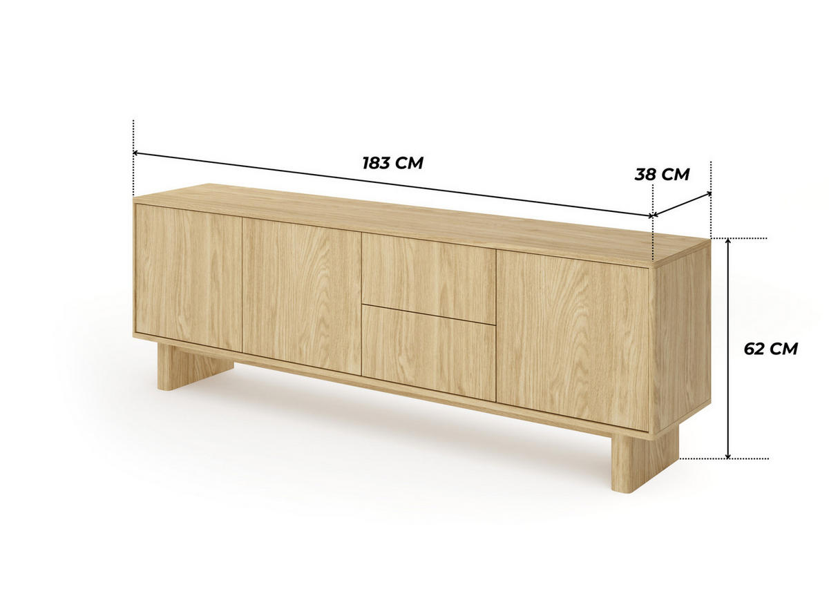 TV-BOARD VIRONE (Geölte Eiche, 3 Türen, 2 Schubladen, Vollauszug, Push-to-Open) - Eichefarben, Holz/Holzwerkstoff (183/62/38cm) - Ravio